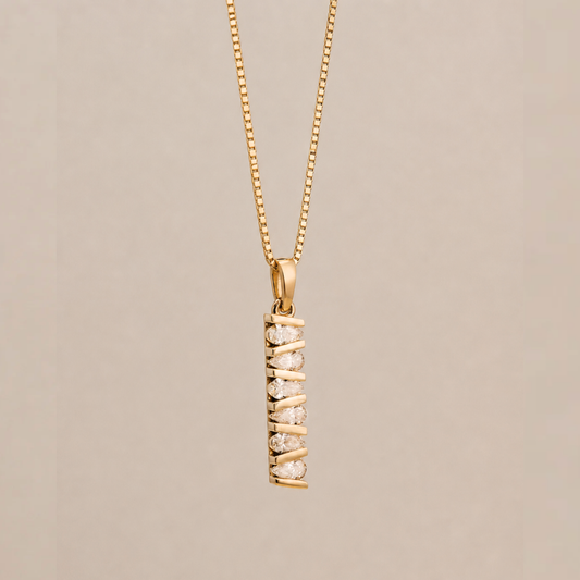 Architectural_Bar_Pendant on a 14k solid gold box chain. pear shaped diamonds totaling 1 carat