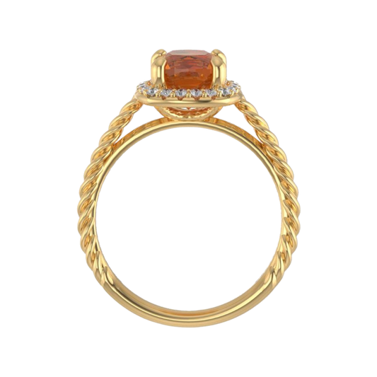Solid gold ring with a large center Citrine stone with accented diamonds on a transparent background