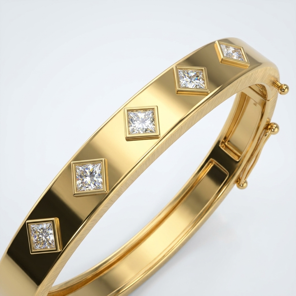 luxury solid gold bracelet with diamond accents on a light gray background