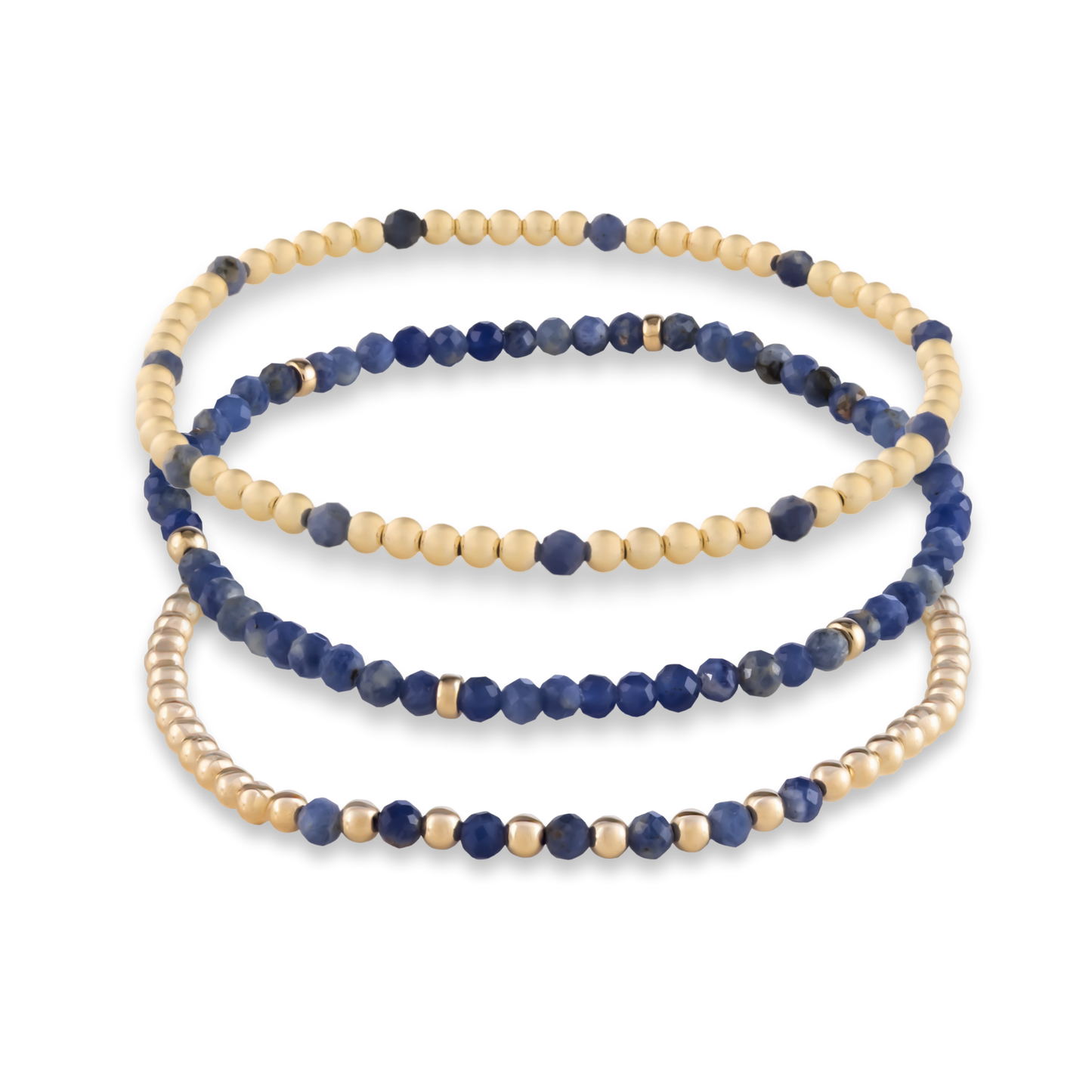 Gold Club by Shannon Hudson Kyanite Mini Stack bracelet set with Muse, Sun, and Arc designs in blue kyanite and 14k gold-filled beads, transparent background