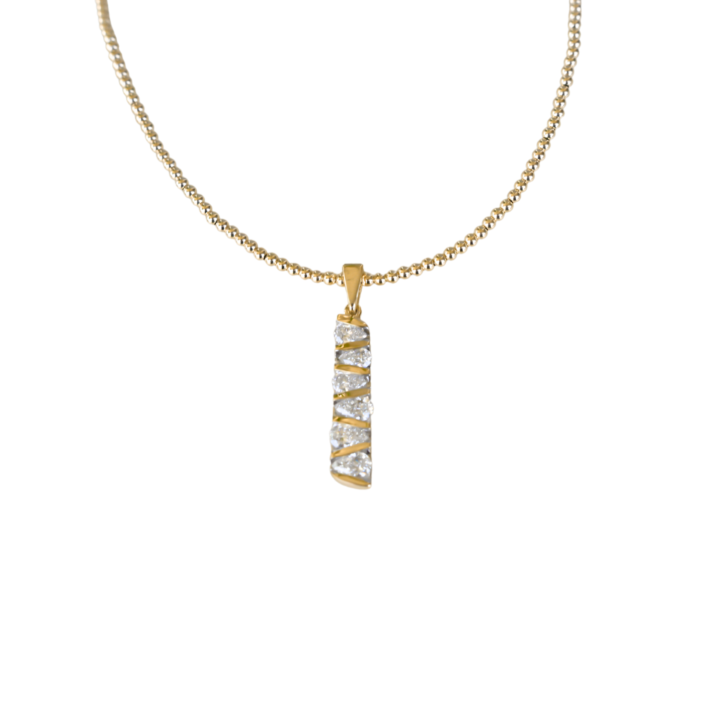 Bar pendant angled for a modern look, set with pear-shaped lab-grown diamonds in 14k gold by Gold Club