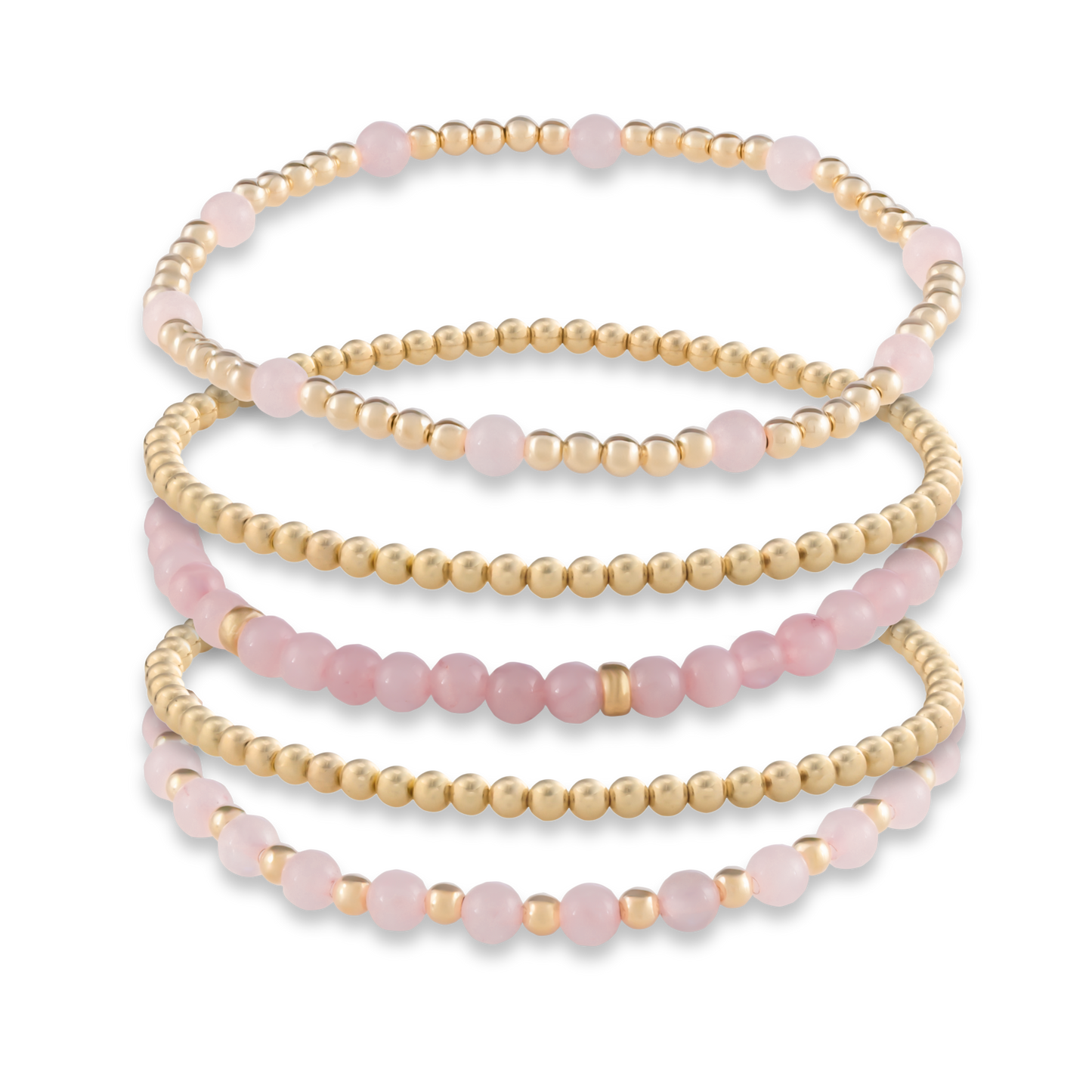 Five-bracelet Signature Stack in Pink Quartz from GOLD CLUB, combining gemstone-rich designs with classic gold-filled layers.