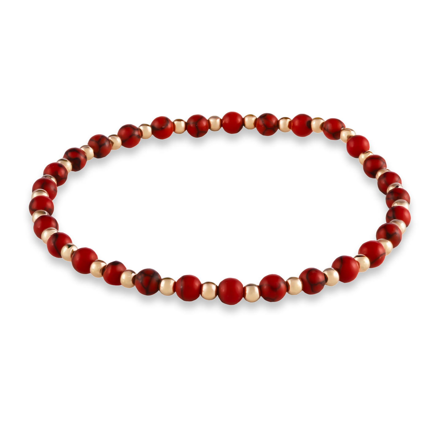 Balanced bracelet from the Red Agate Collection with alternating gold-filled and red agate beads, designed for movement and elegance.