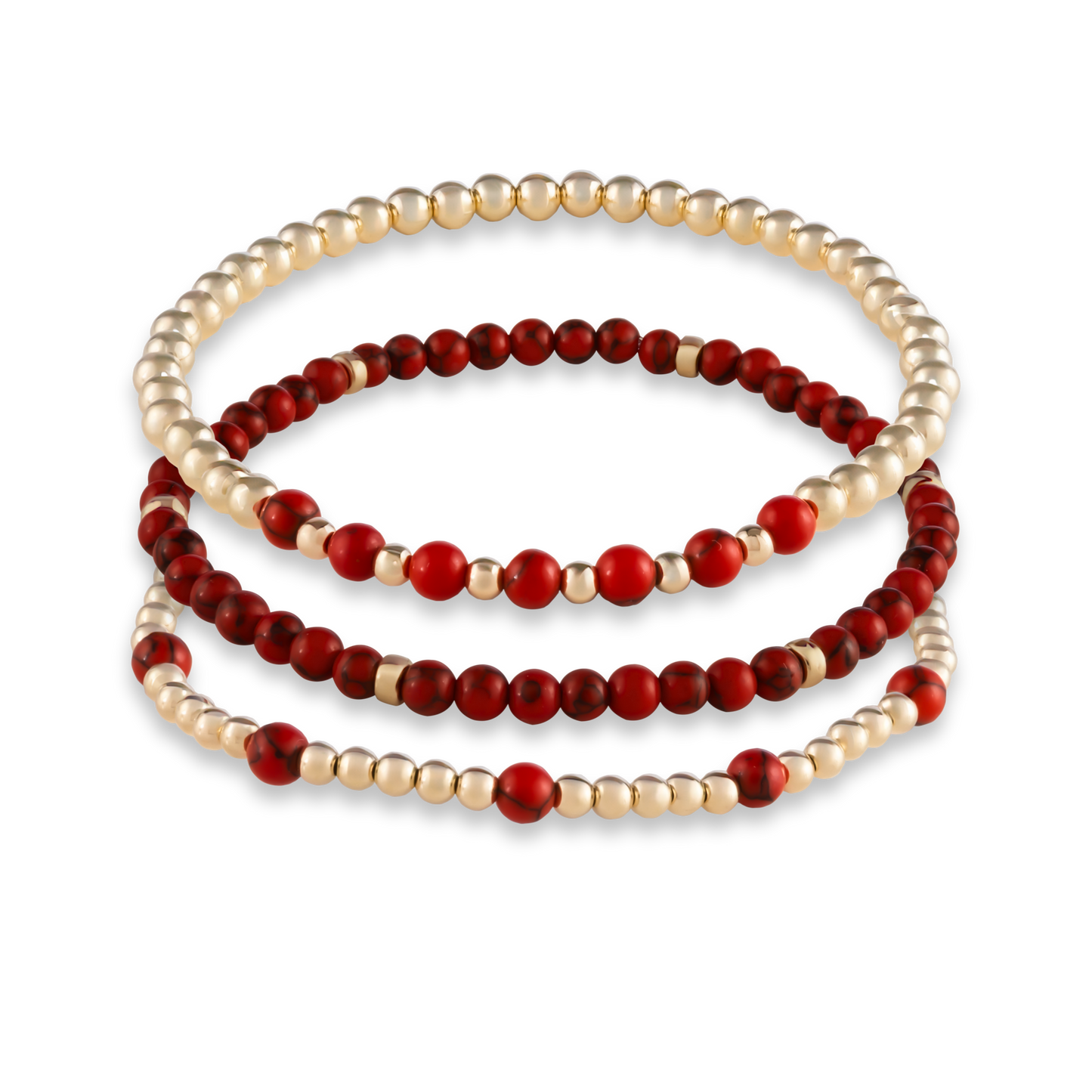 Three-piece Red Agate Mini Stack from GOLD CLUB featuring Arc, Muse, and Sun bracelets in matching red agate gemstones.