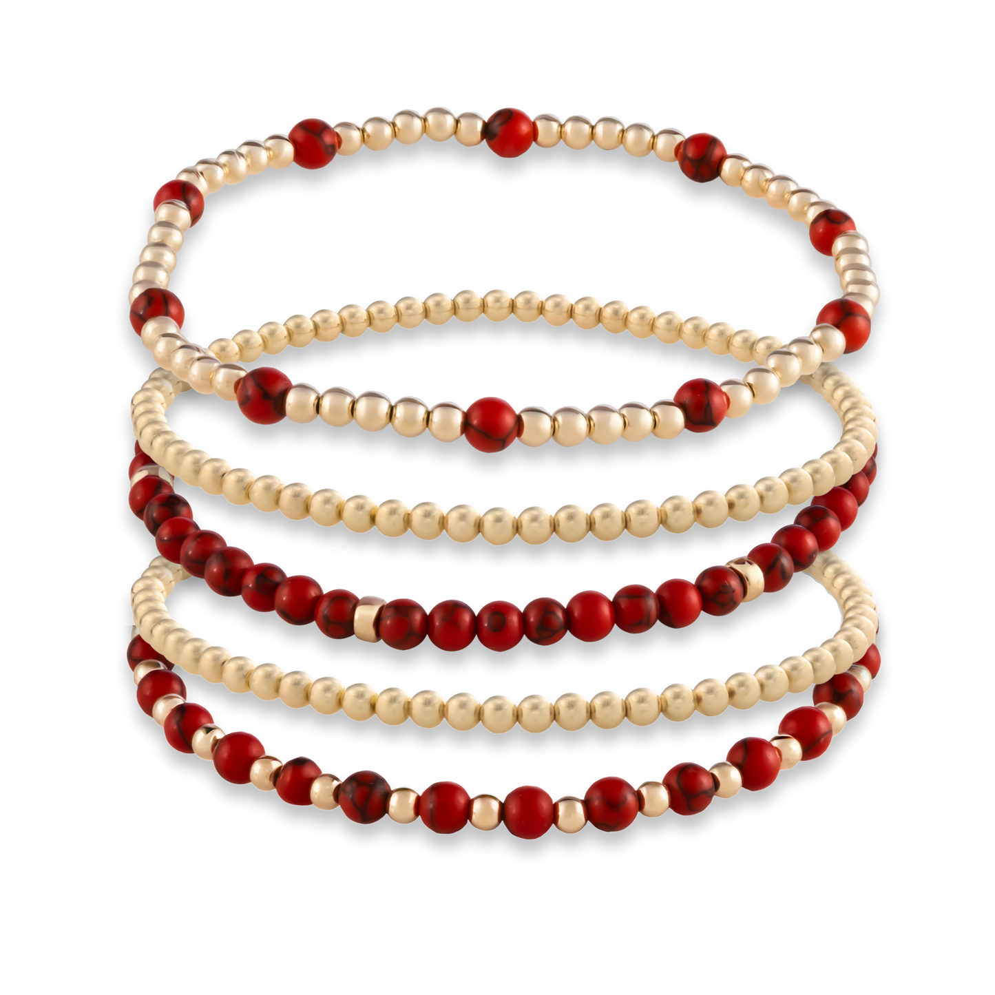 GOLD CLUB Signature Stack in Red Agate with five layered gold-filled bracelets, including gemstone styles and two classic gold accents.