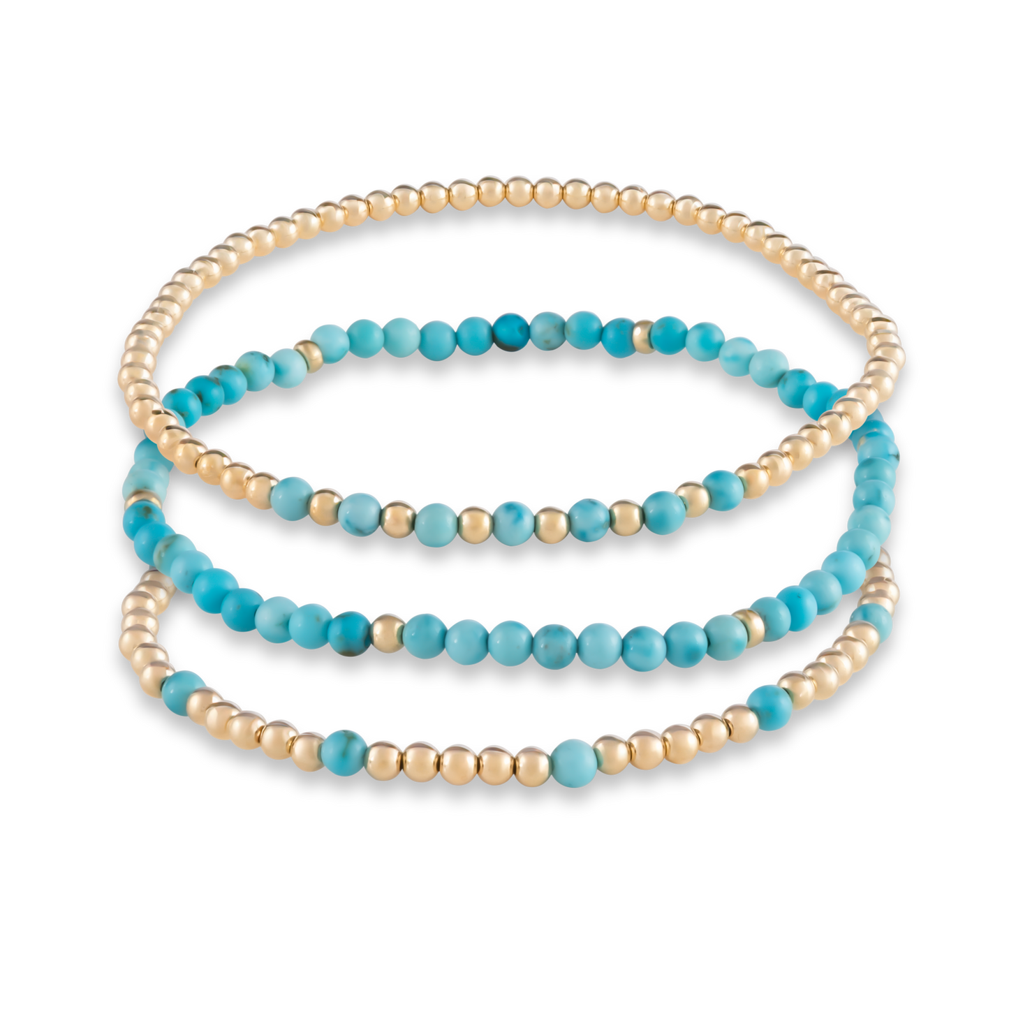 Rendering of the Turquoise Mini Stack, a curated trio of gemstone and gold bracelets for intentional layering and statement simplicity.