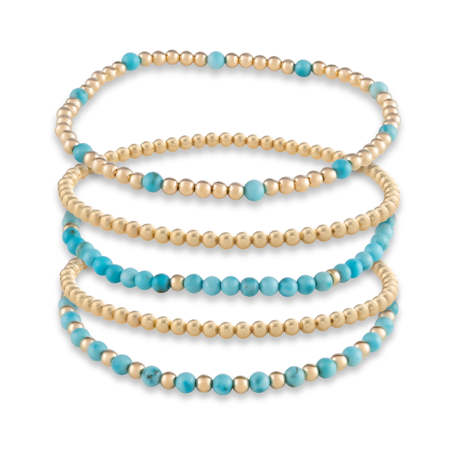 Digital rendering of the Turquoise Signature Stack, featuring five bold yet balanced bracelets in turquoise and gold-filled beads.