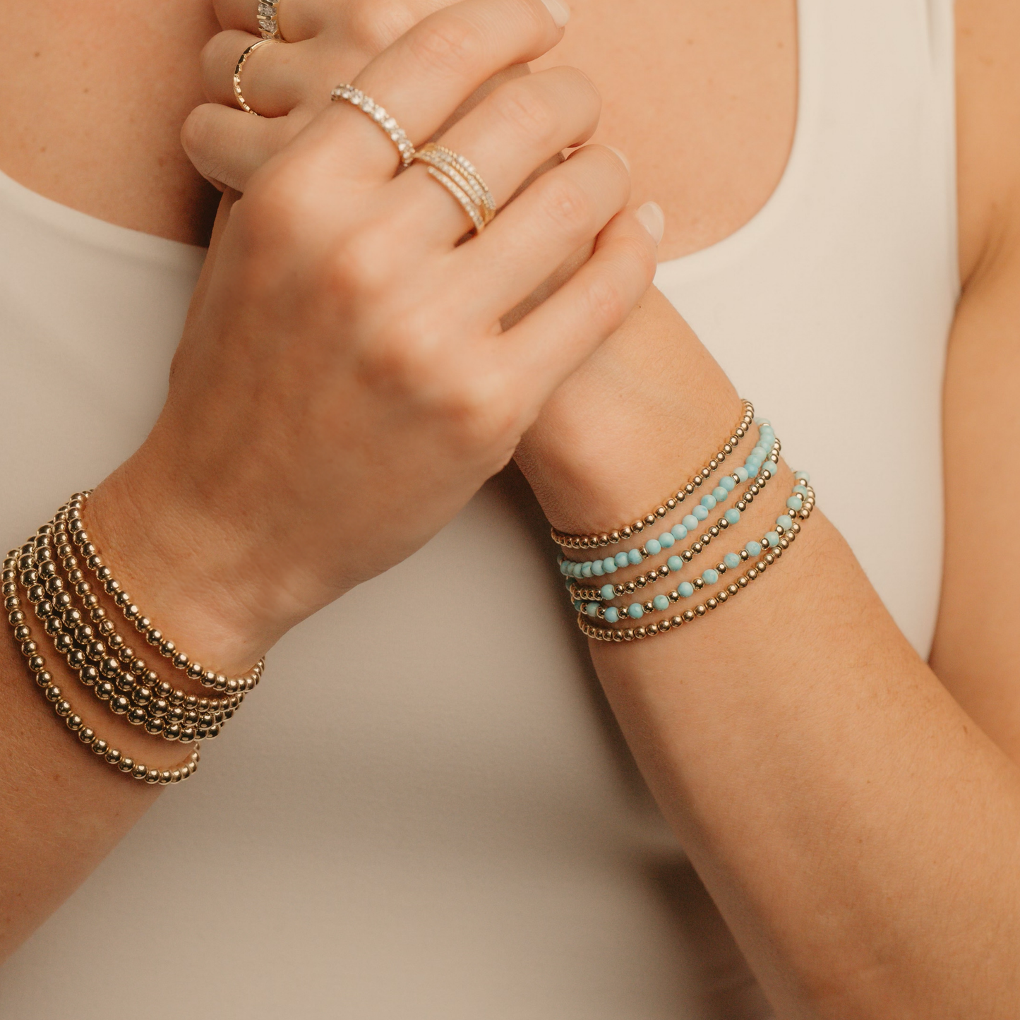 Gold Club by Shannon Hudson Turquoise Signature Stack bracelet set with turquoise gemstones and 14k gold-filled beads, layered jewelry