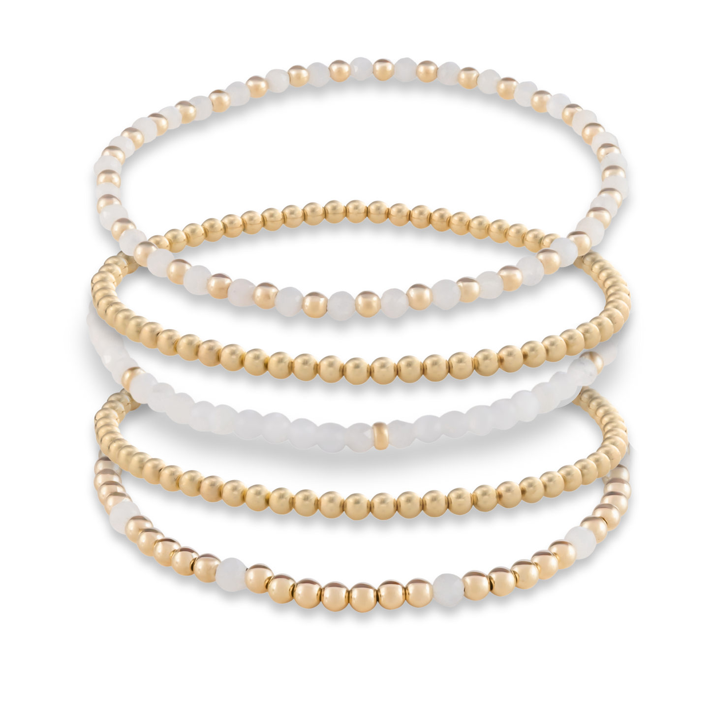 Set of 3 gemstone and gold-filled stacking bracelets with white moonstone