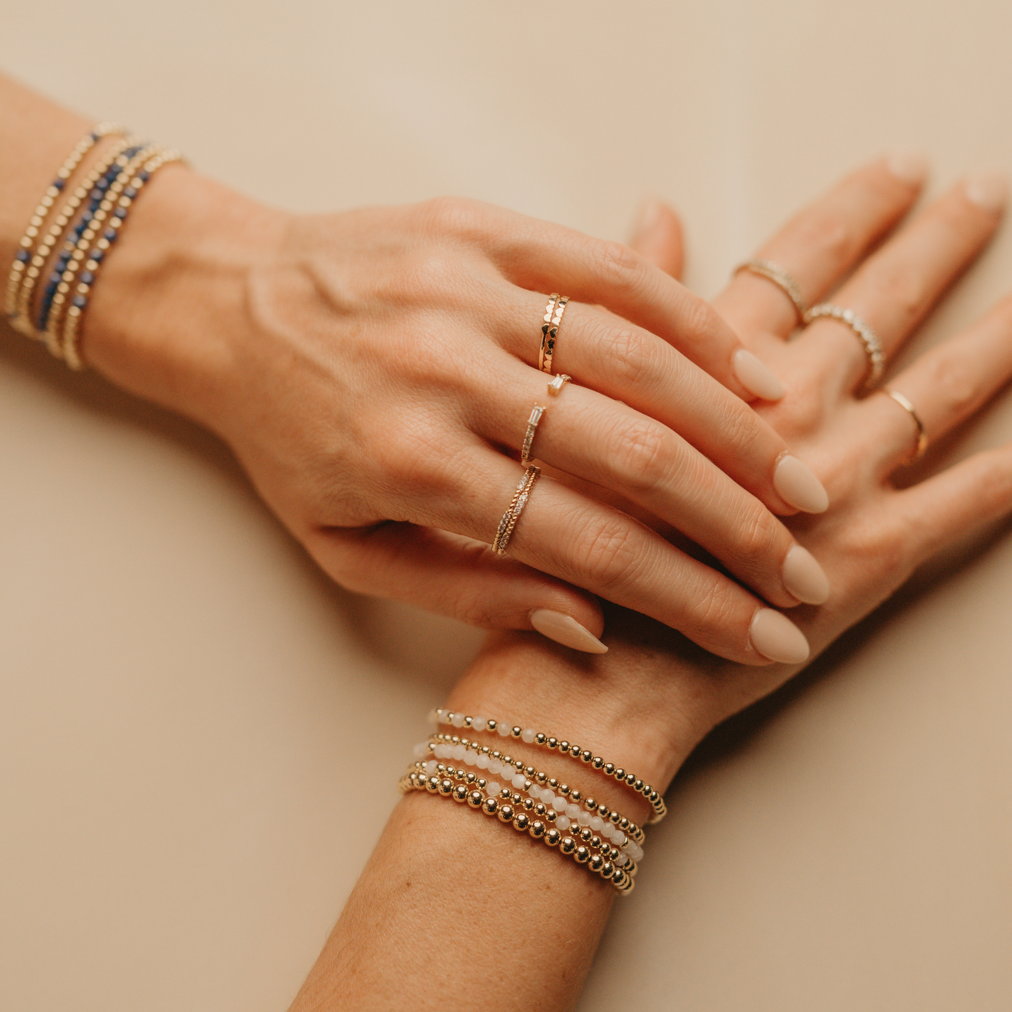 White Moonstone bracelet stack from Gold Club by Shannon Hudson featuring gemstone beads and 14k gold-filled LustraFlex™ design