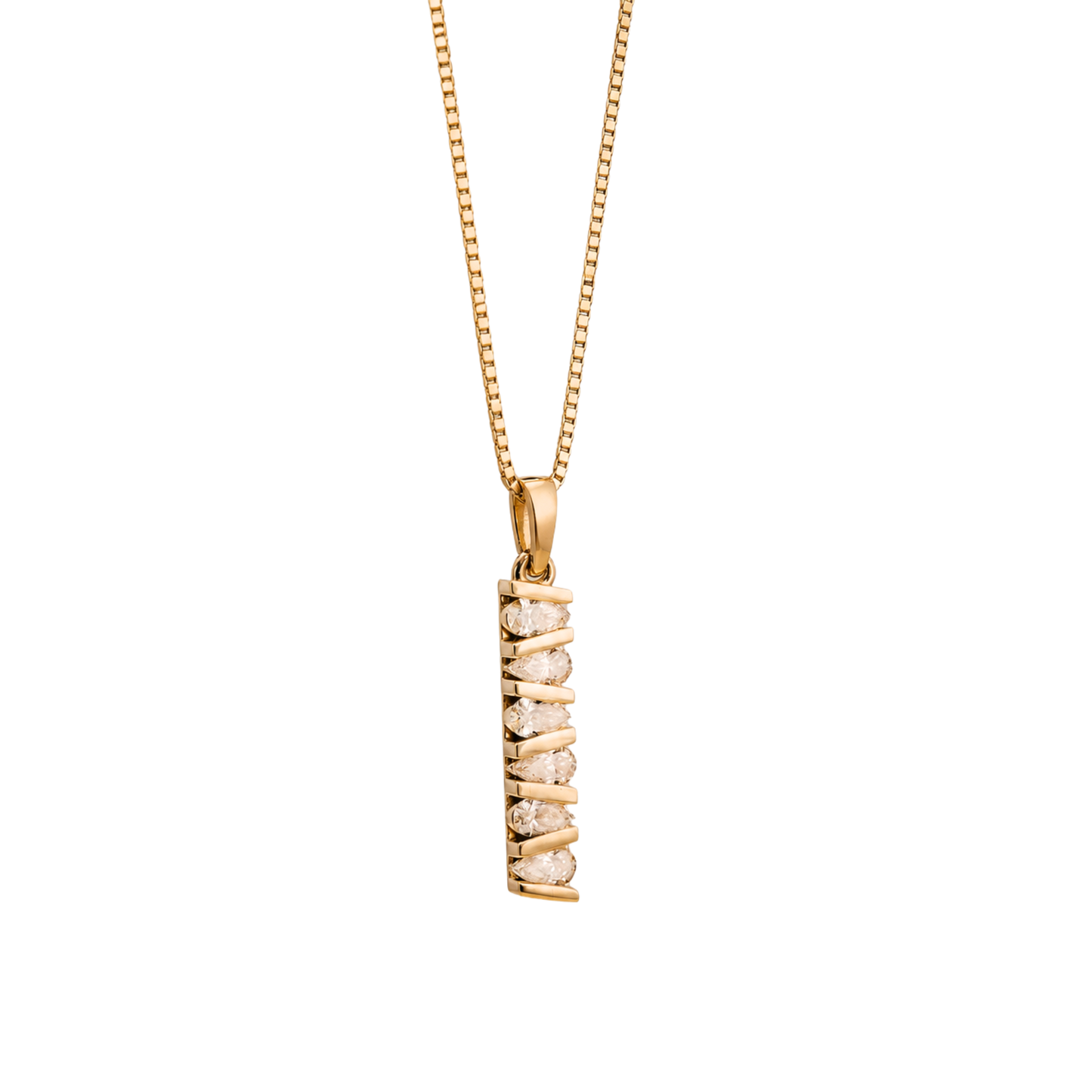 14k Solid Gold Box Chain with Architectural Bar Pendant. pear shaped diamonds totaling 1 carat