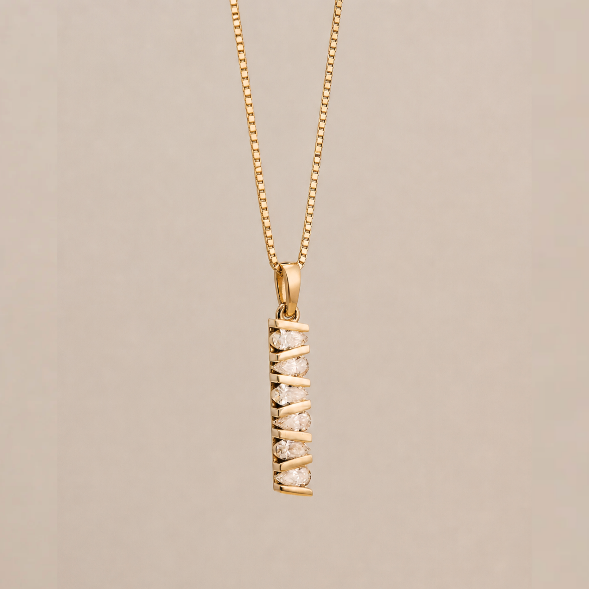 Architectural_Bar_Pendant on a 14k solid gold box chain. pear shaped diamonds totaling 1 carat