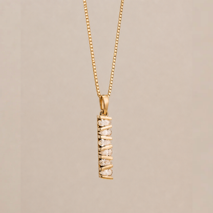 Architectural_Bar_Pendant on a 14k solid gold box chain. pear shaped diamonds totaling 1 carat