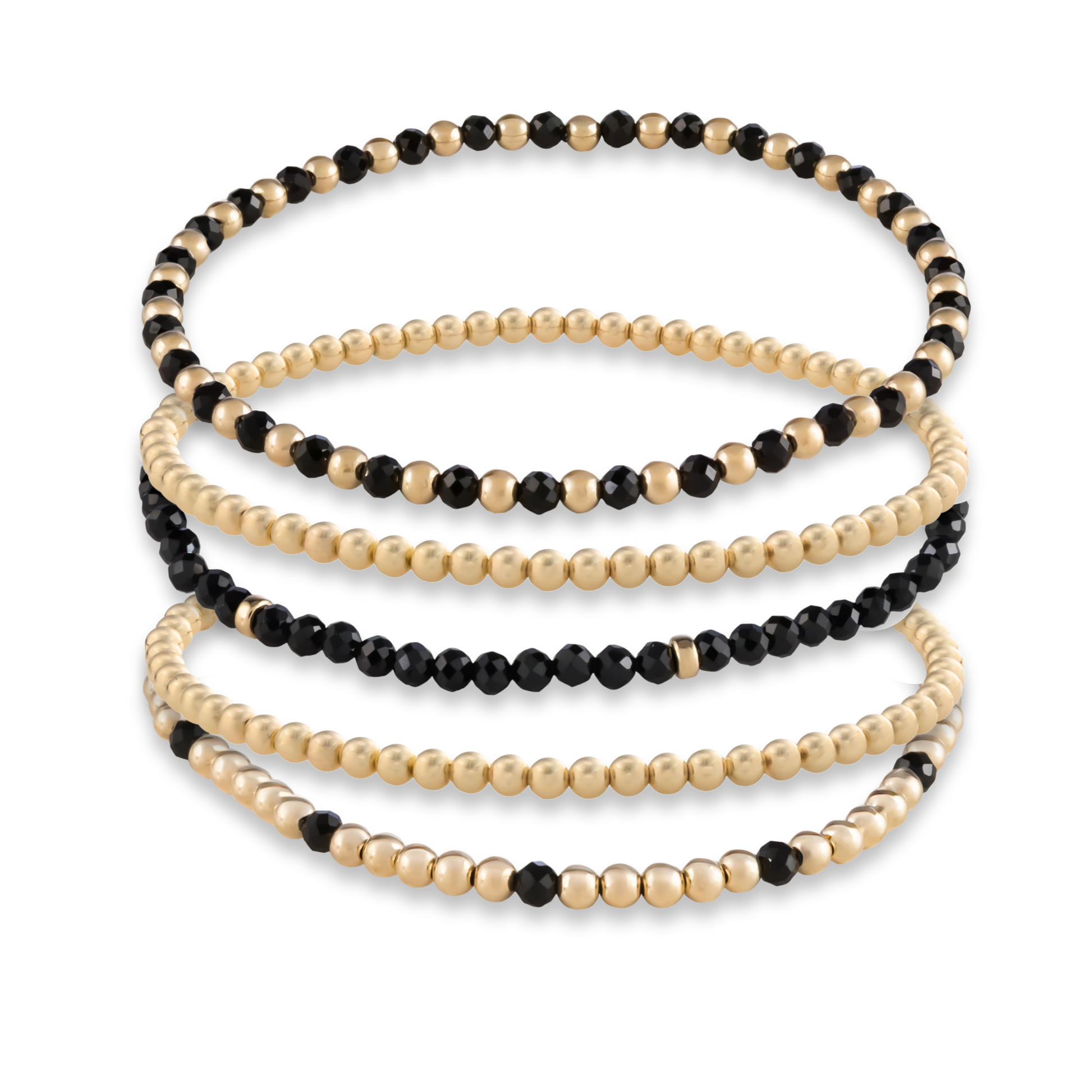 Detailed image of handcrafted natural black onyx gemstone and 14k gold filled bracelet with LustraFlex™ band from Gold Club by Shannon Hudson
