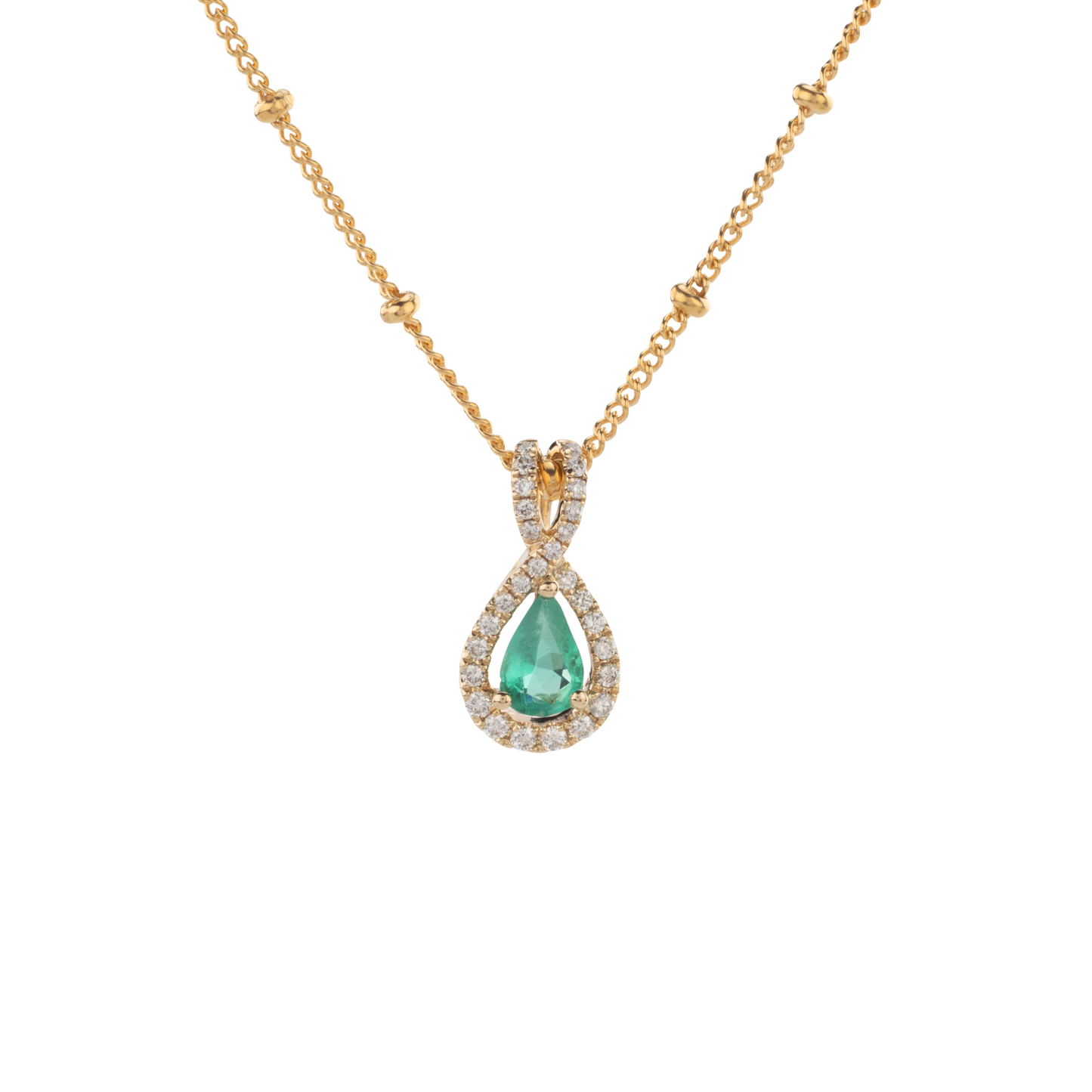 Emerald teardrop gemstone framed with sparkling lab-grown diamonds, crafted in 14k gold by Gold Club