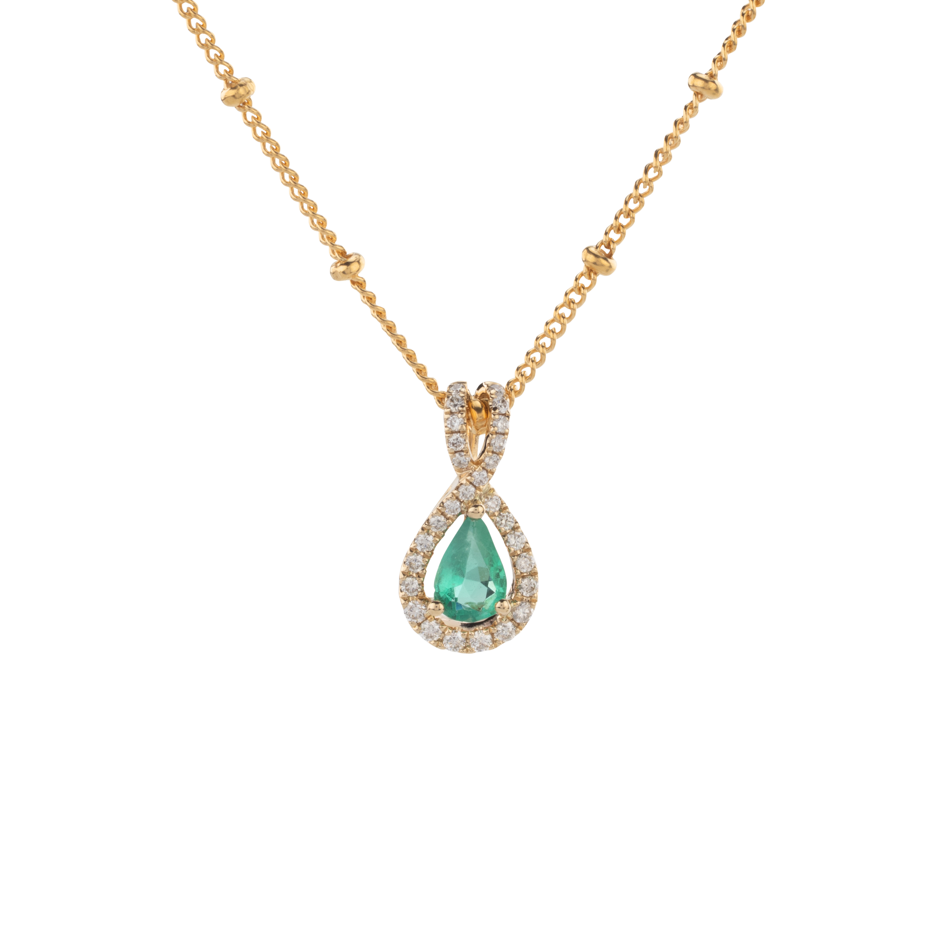 Emerald teardrop gemstone framed with sparkling lab-grown diamonds, crafted in 14k gold by Gold Club