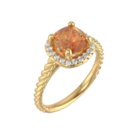 Solid gold ring with a large center Citrine stone with accented diamonds on a transparent background