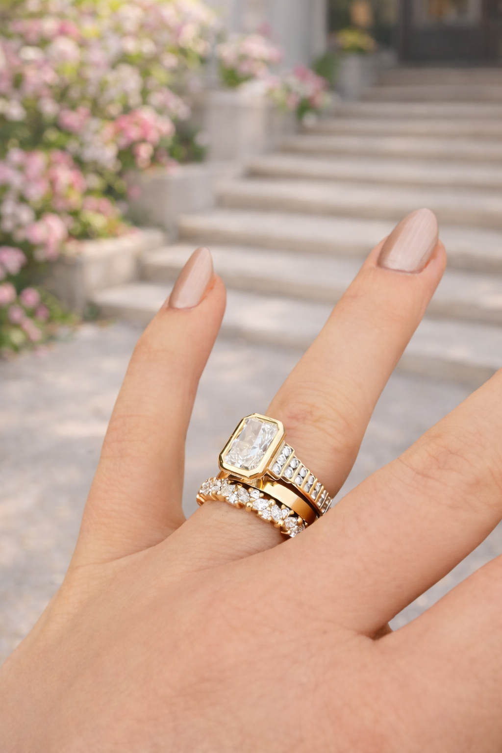 Hand wearing a gold ring with a diamond on a blurred background of steps and flowers