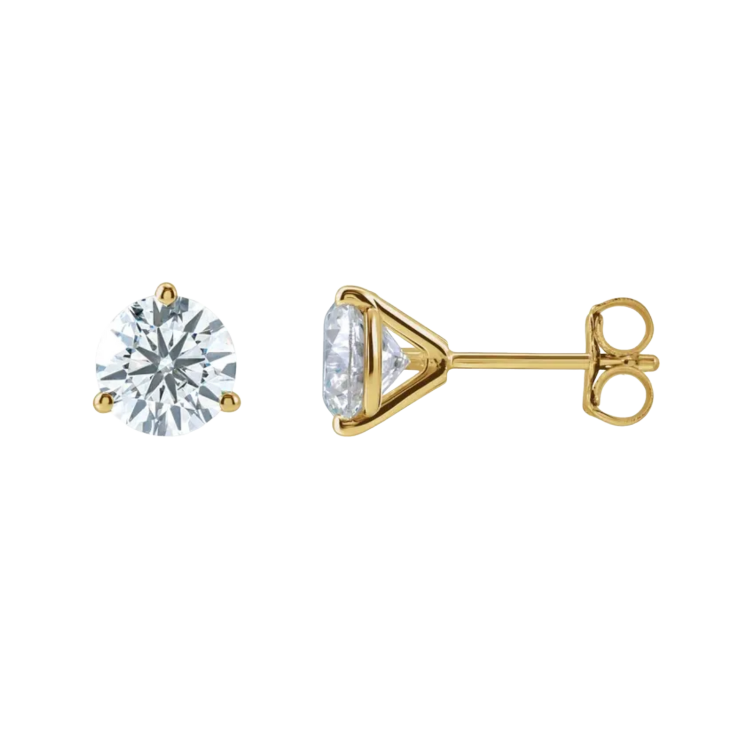 A pair of yellow gold stud earrings, one shown from the front with a round brilliant-cut clear gemstone and the other from the side showing the triangular prong setting and post with butterfly back.