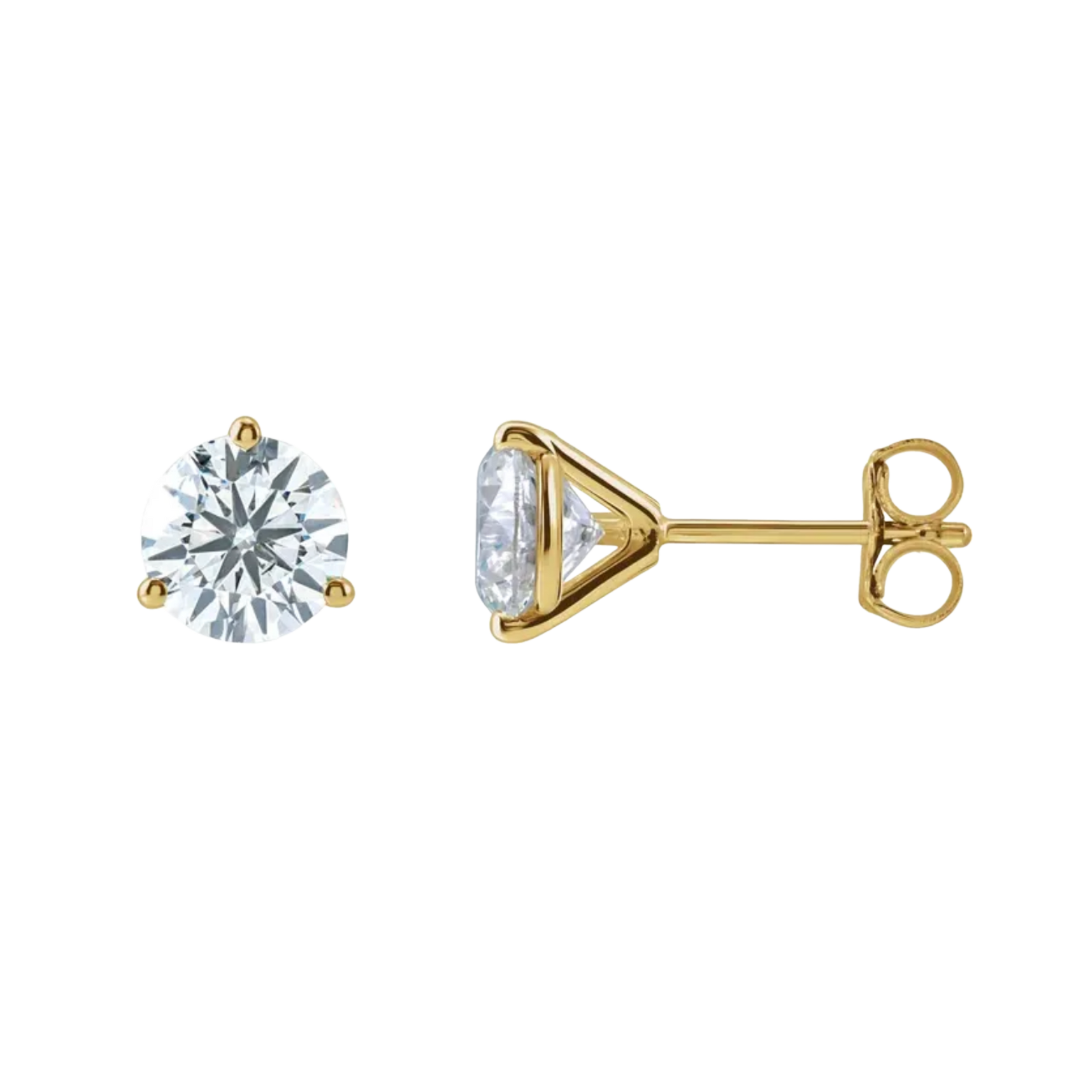 A pair of yellow gold stud earrings, one shown from the front with a round brilliant-cut clear gemstone and the other from the side showing the triangular prong setting and post with butterfly back.