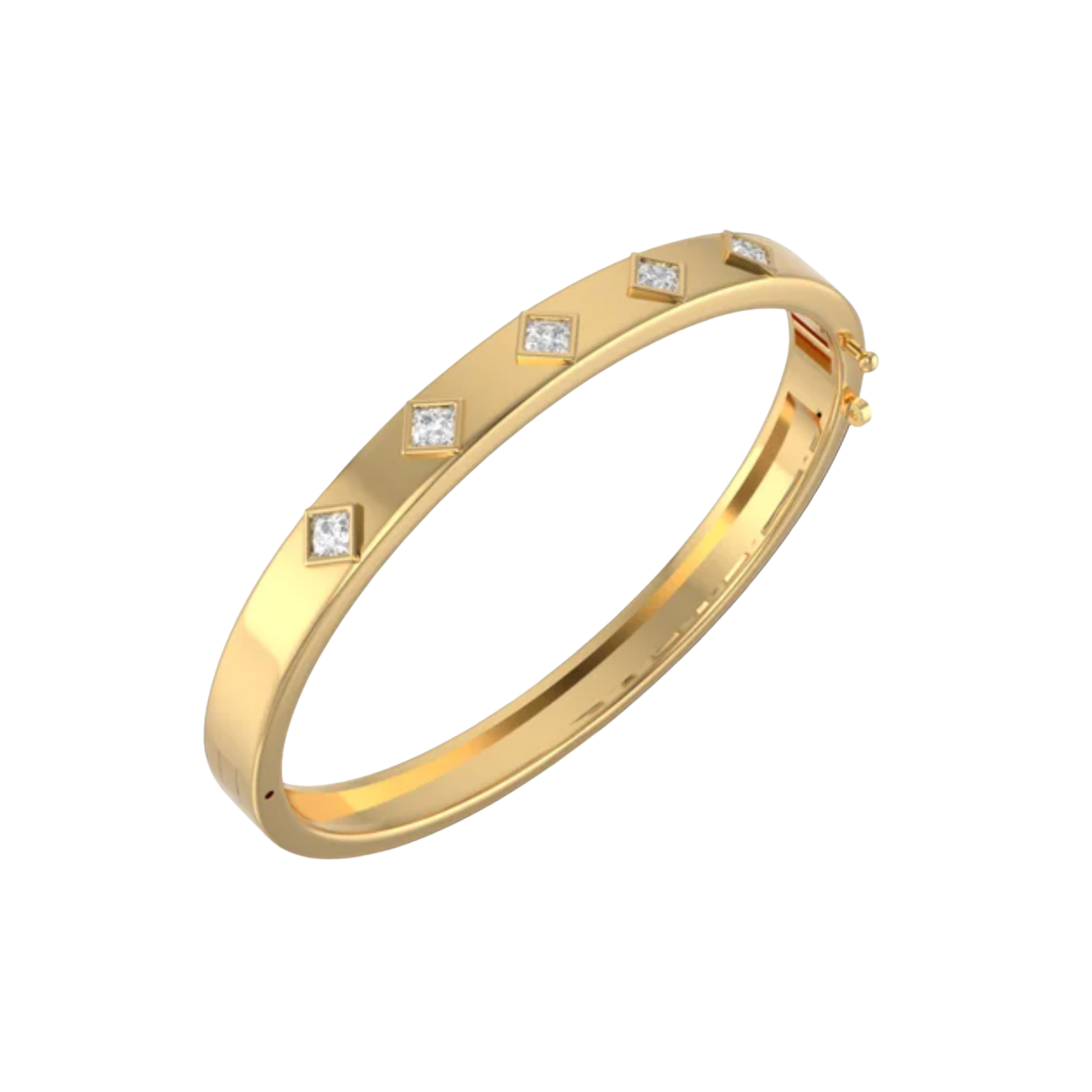 Gold Club Ever Bracelet. A solid gold hing bangle with 5 princess diamonds.