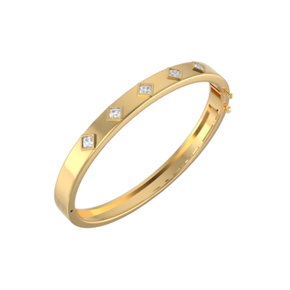 Gold Club Ever Bracelet. A solid gold hing bangle with 5 princess diamonds.