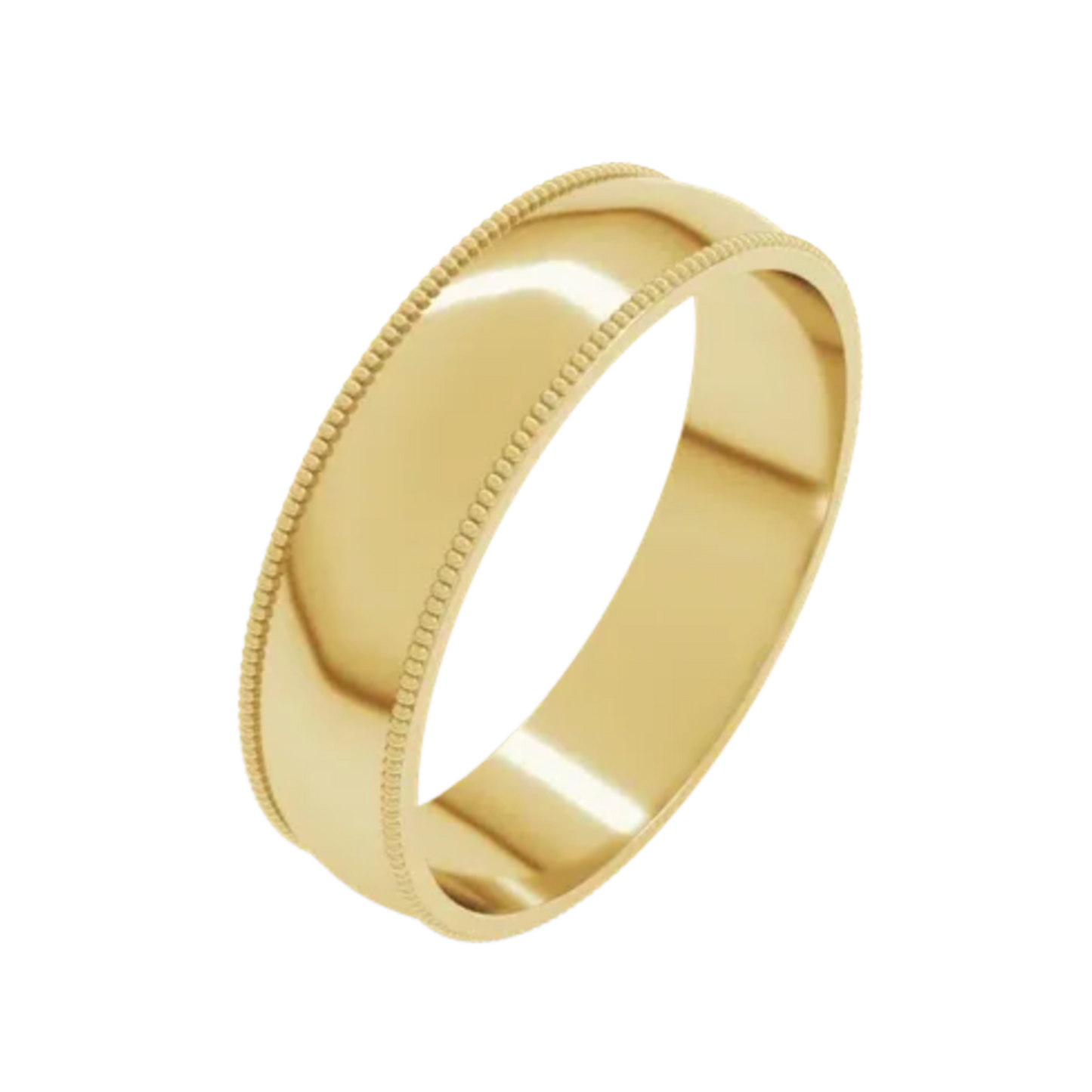 Gold club custom mens wedding band ring with milgrain detailing on a white background
