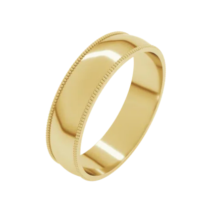Gold club custom mens wedding band ring with milgrain detailing on a white background