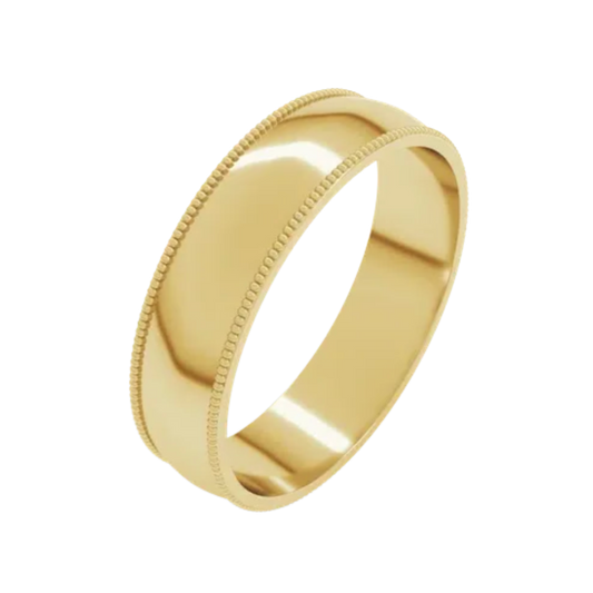 Gold club custom mens wedding band ring with milgrain detailing on a white background