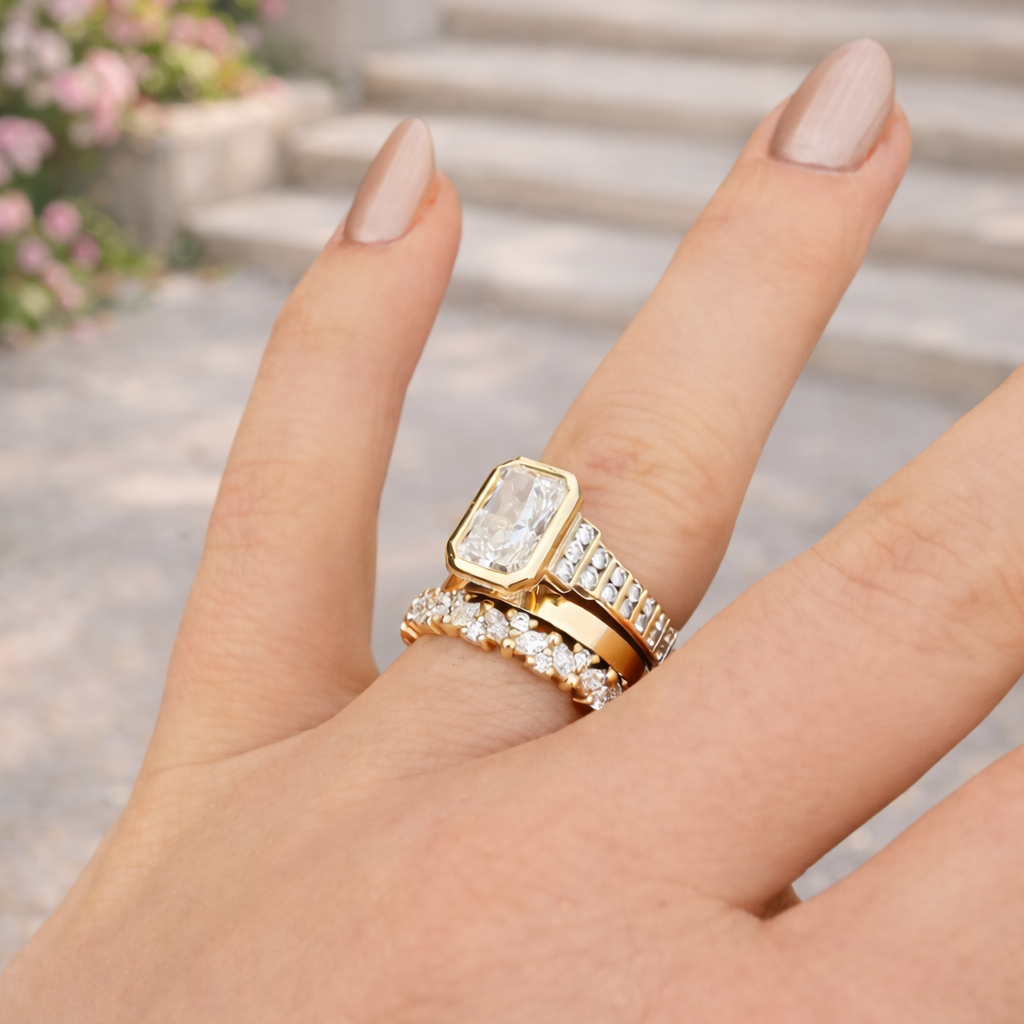 Hand wearing a gold ring with a diamond on a blurred background of steps and flowers