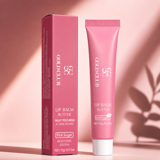 Gold Club Lip Blam Butter Pink on pink background