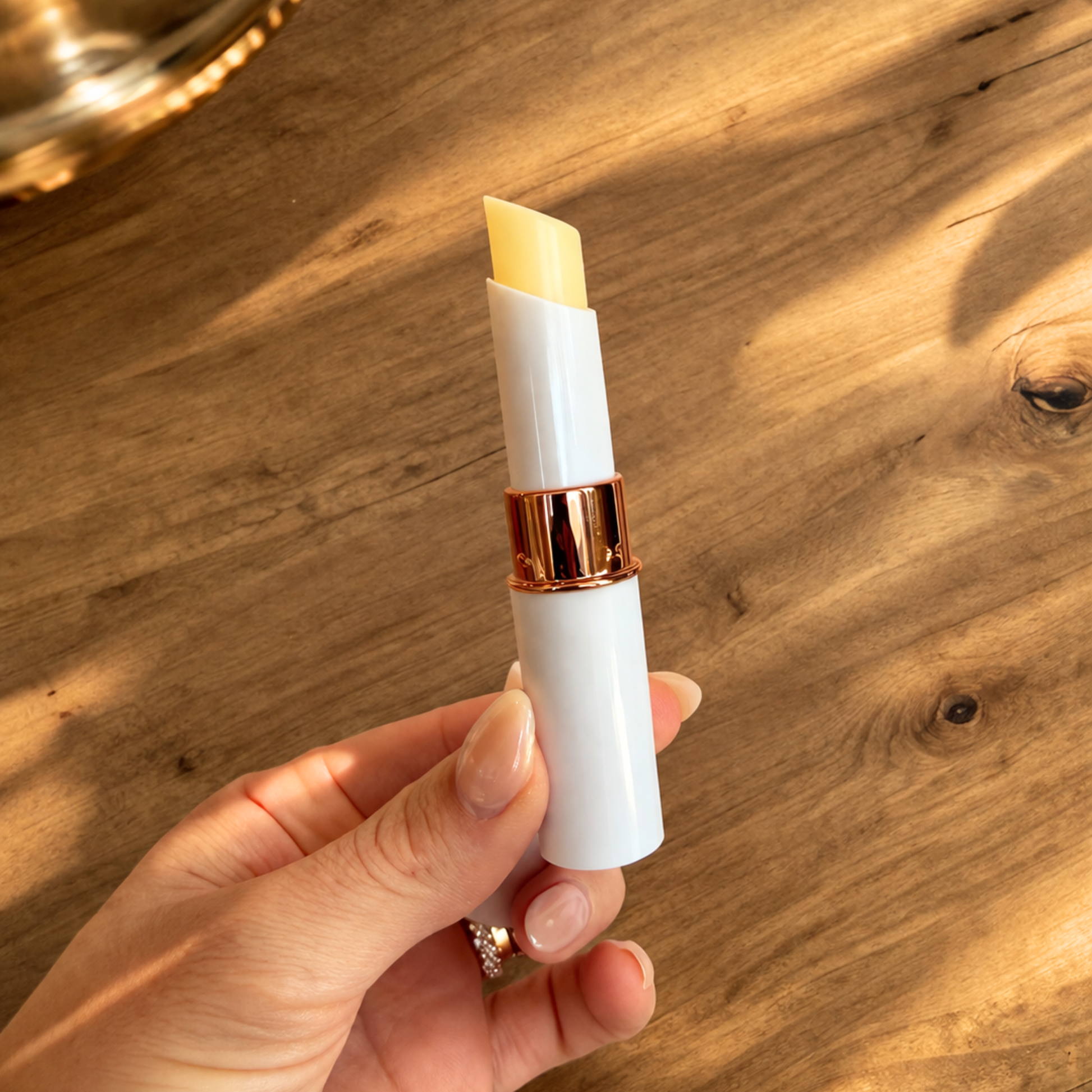 Hand holding a gold club lip balm with rose gold cap on a wooden surface
