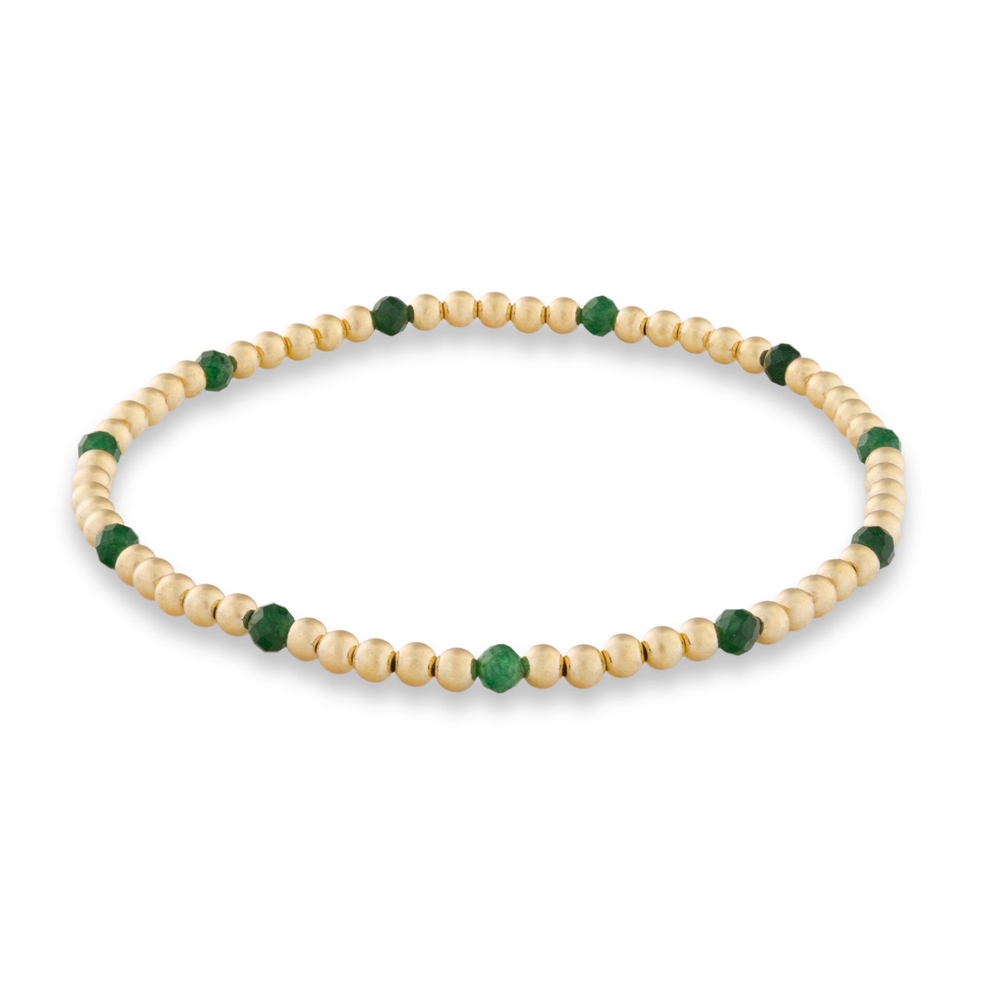 Beaded bracelet with natural green sandstone and gold beads on a transparent background