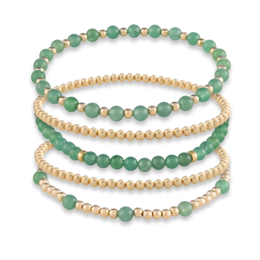 Rendered image of the full Green Agate Signature Stack with five coordinated bracelets in green agate and gold-filled beads.