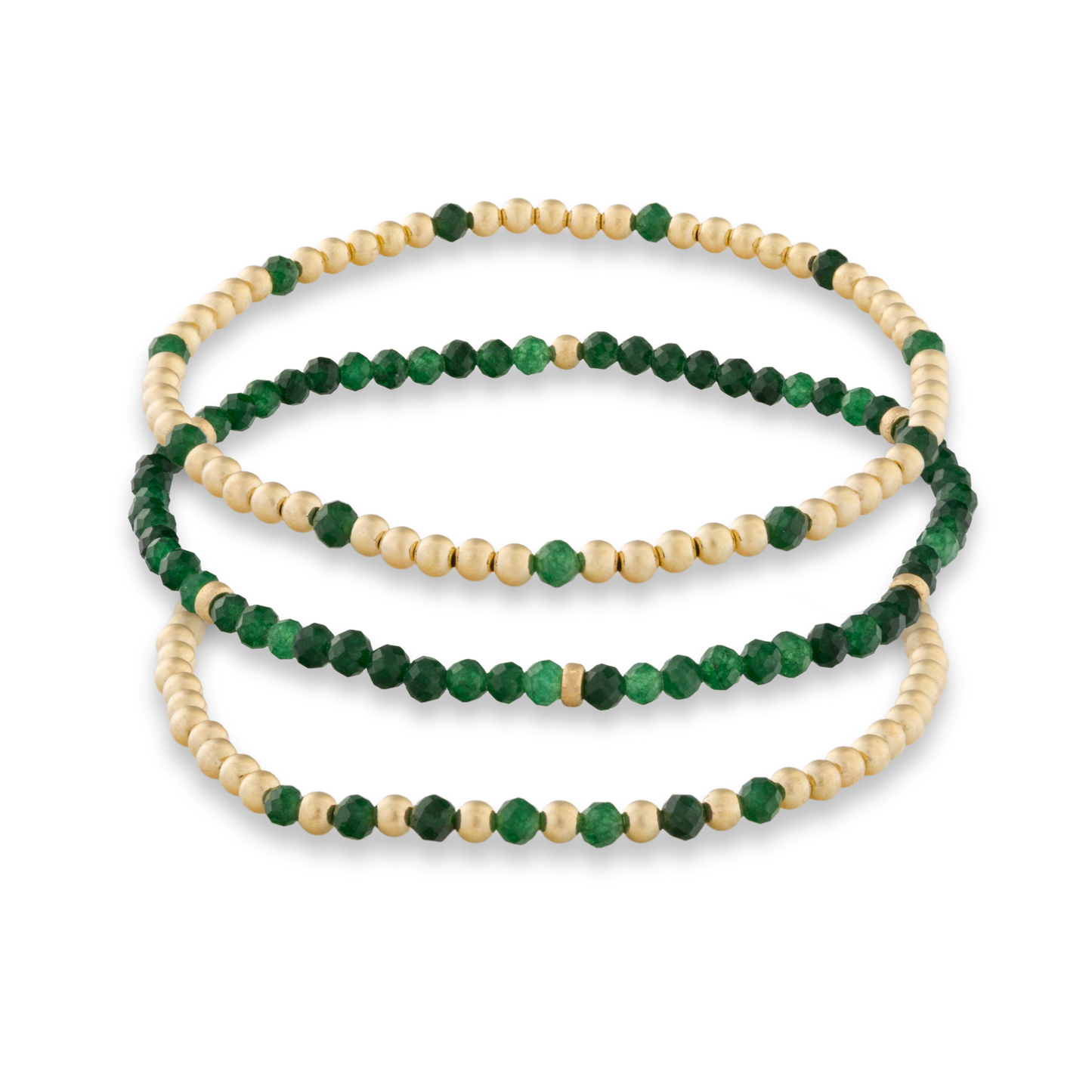 Green Sandstone and gold bracelet stack from gold Club Jewelry House that is sweat proof and tarnish resistant.