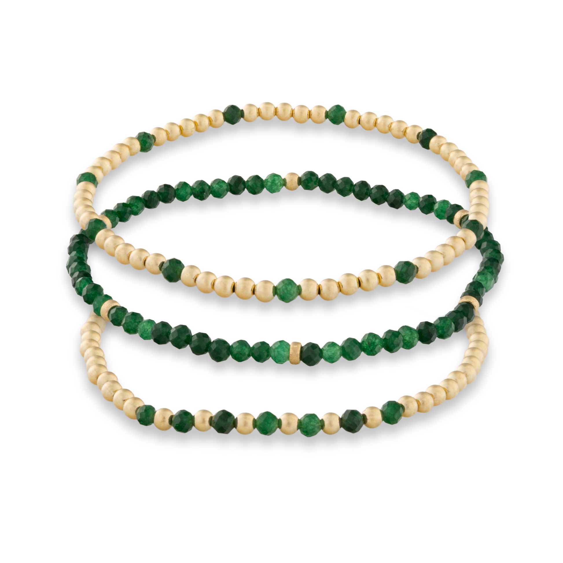Green Sandstone and gold bracelet stack from gold Club Jewelry House that is sweat proof and tarnish resistant.