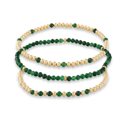 Green Sandstone and gold bracelet stack from gold Club Jewelry House that is sweat proof and tarnish resistant.
