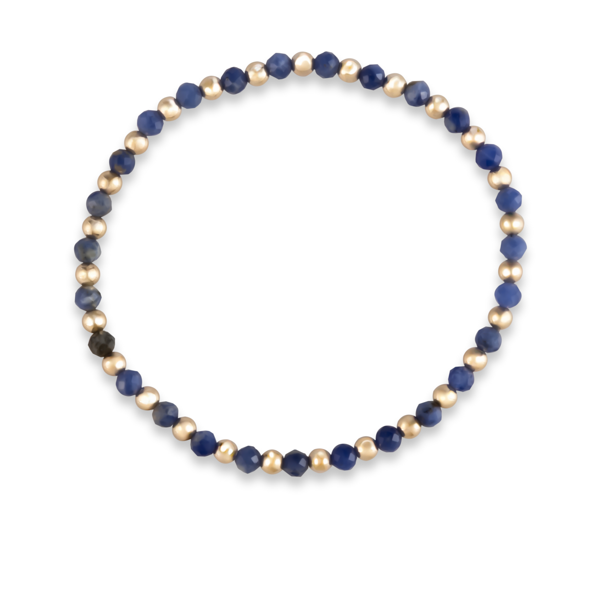 Balanced gemstone bracelet by Shannon Hudson featuring natural kyanite
LustraFlex™ stacking bracelet with blue kyanite and 14k gold-filled beads overhead shot.