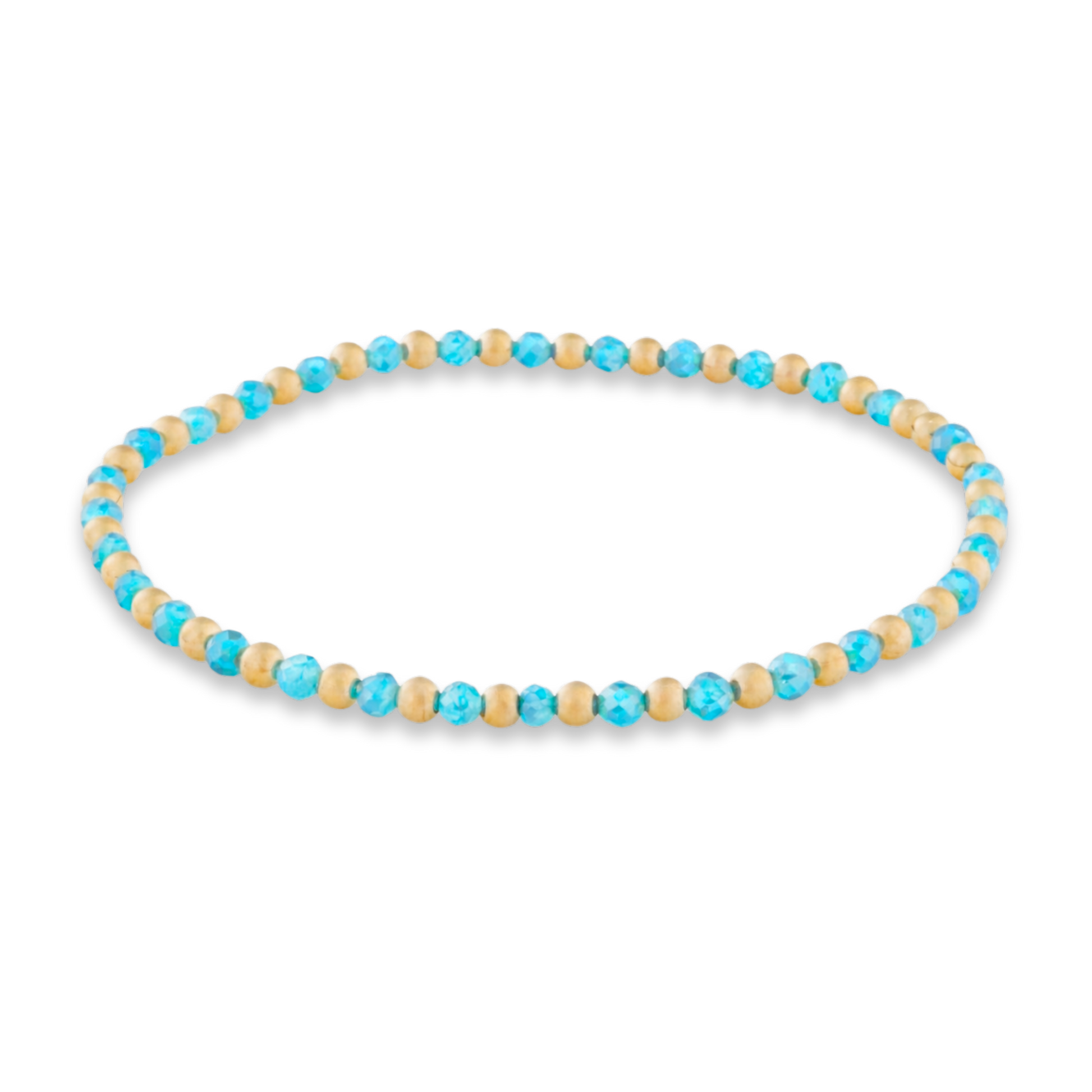 Beaded necklace with blue and beige beads on a white background