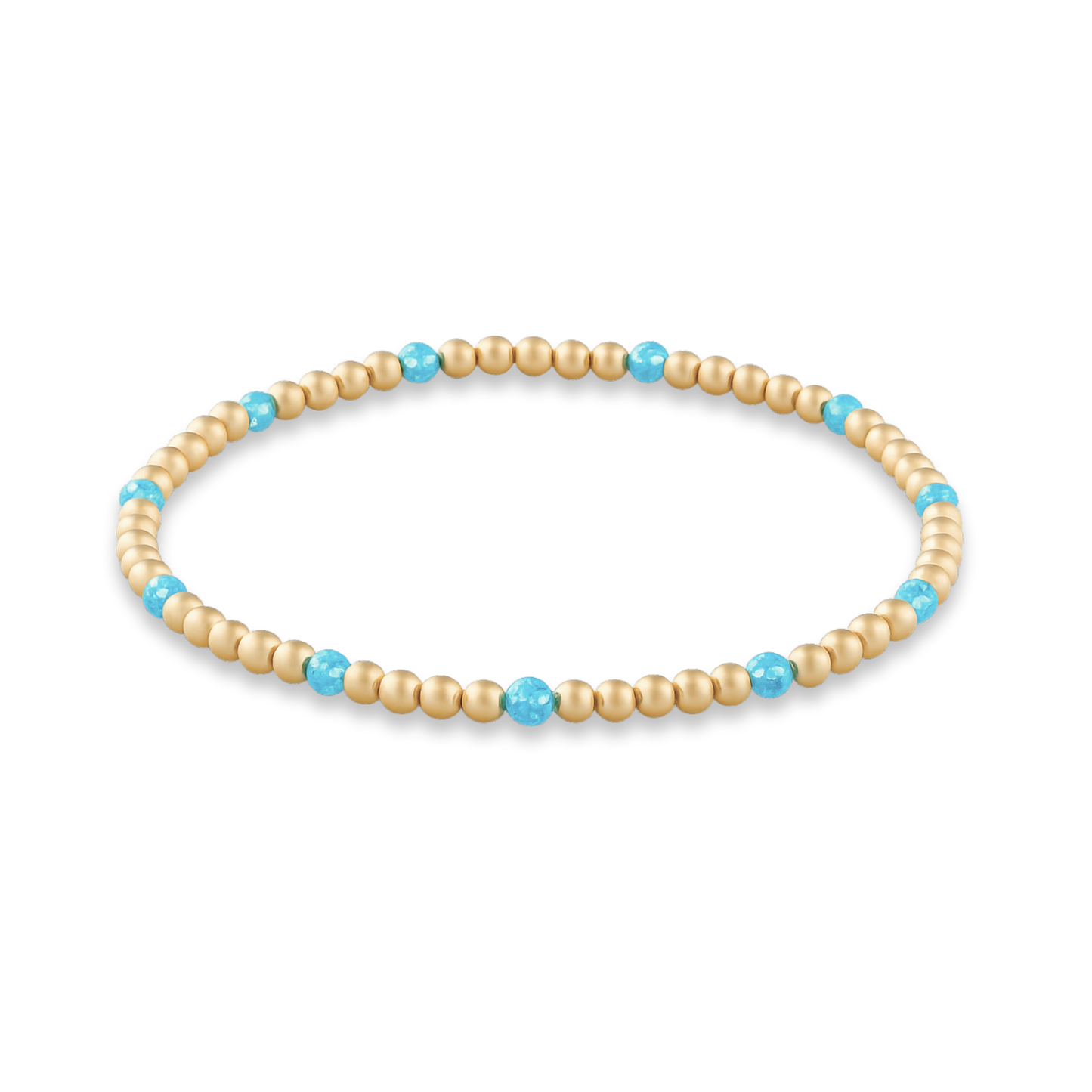 Beaded bracelet with gold and turquoise beads on a white background