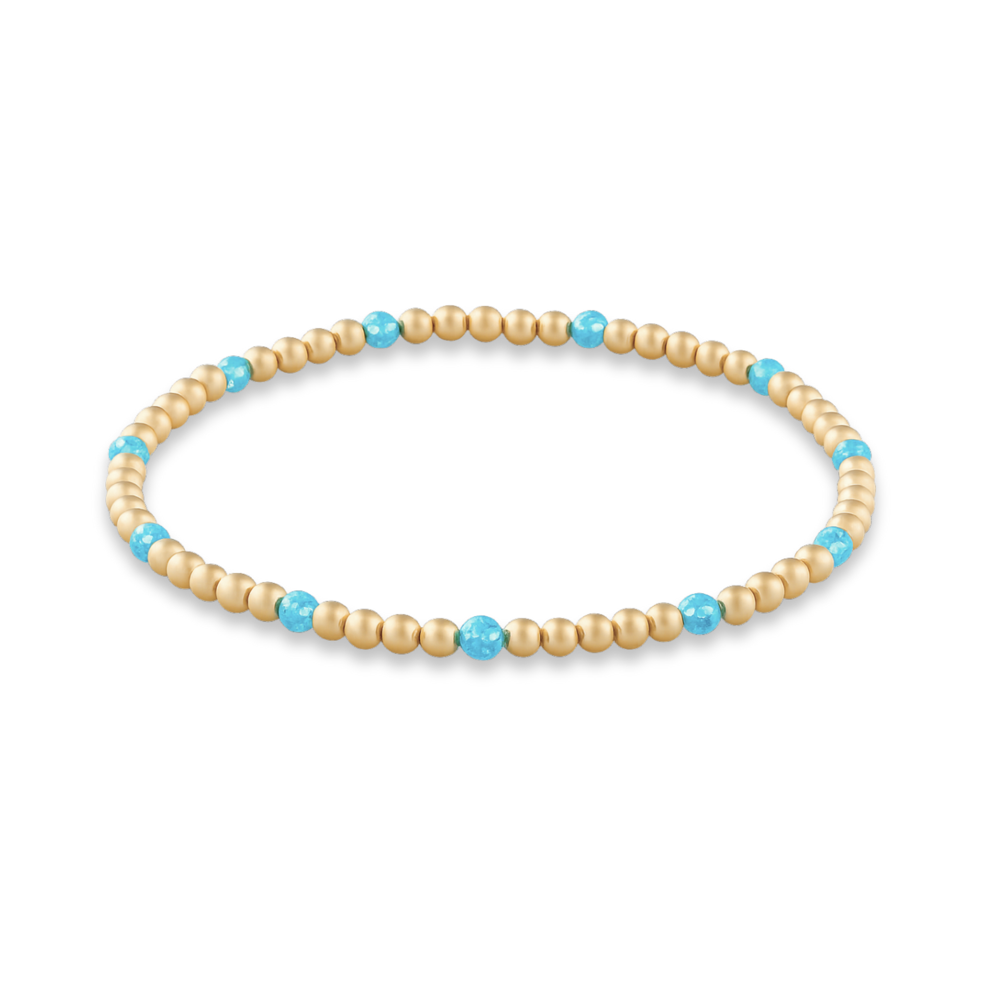 Beaded bracelet with gold and turquoise beads on a white background