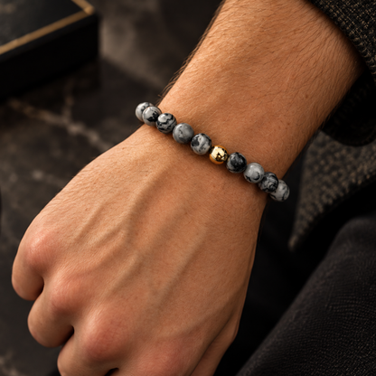 Men’s grey agate natural stone bead bracelet with gold-filled accent bead