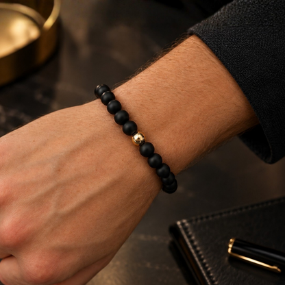 Men’s matte black natural stone bead bracelet with gold-filled accent bead