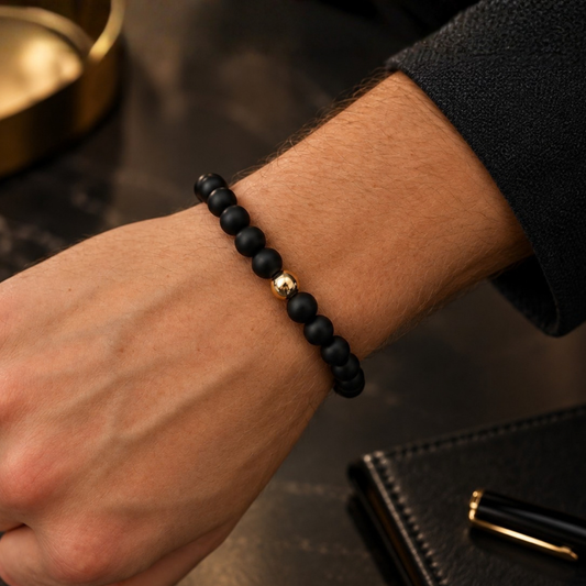 Men’s matte black natural stone bead bracelet with gold-filled accent bead