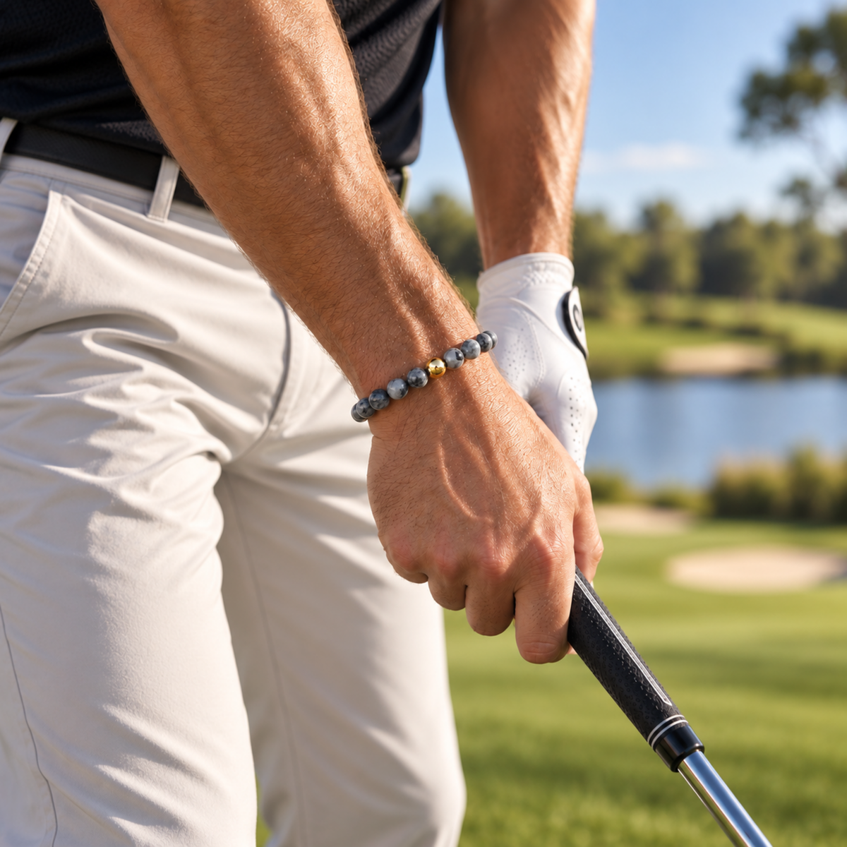 Men’s polished grey natural stone bead bracelet with gold-filled bead on a golf course. jewelry you can play golf in 