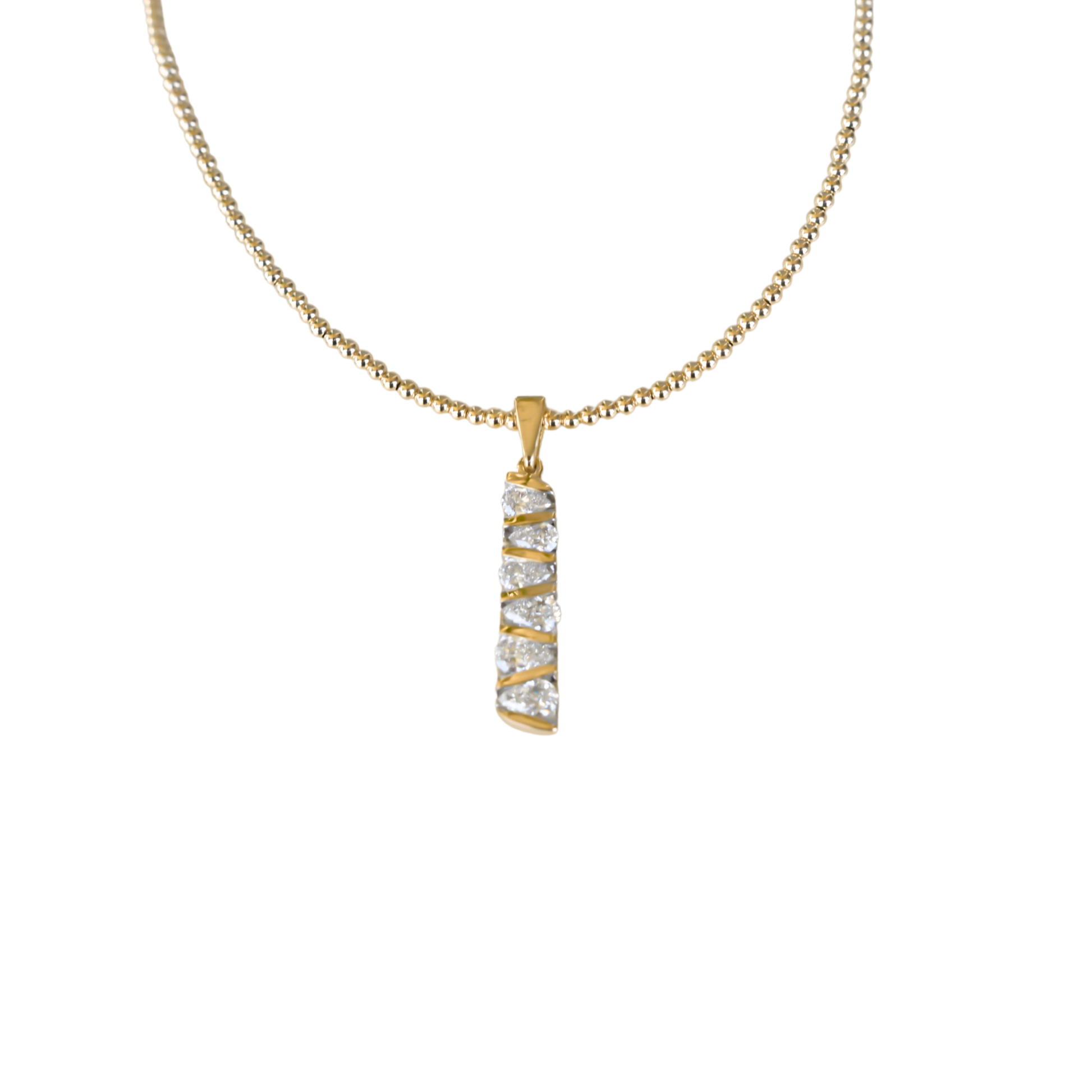 Bar pendant angled for a modern look, set with pear-shaped lab-grown diamonds in 14k gold by Gold Club