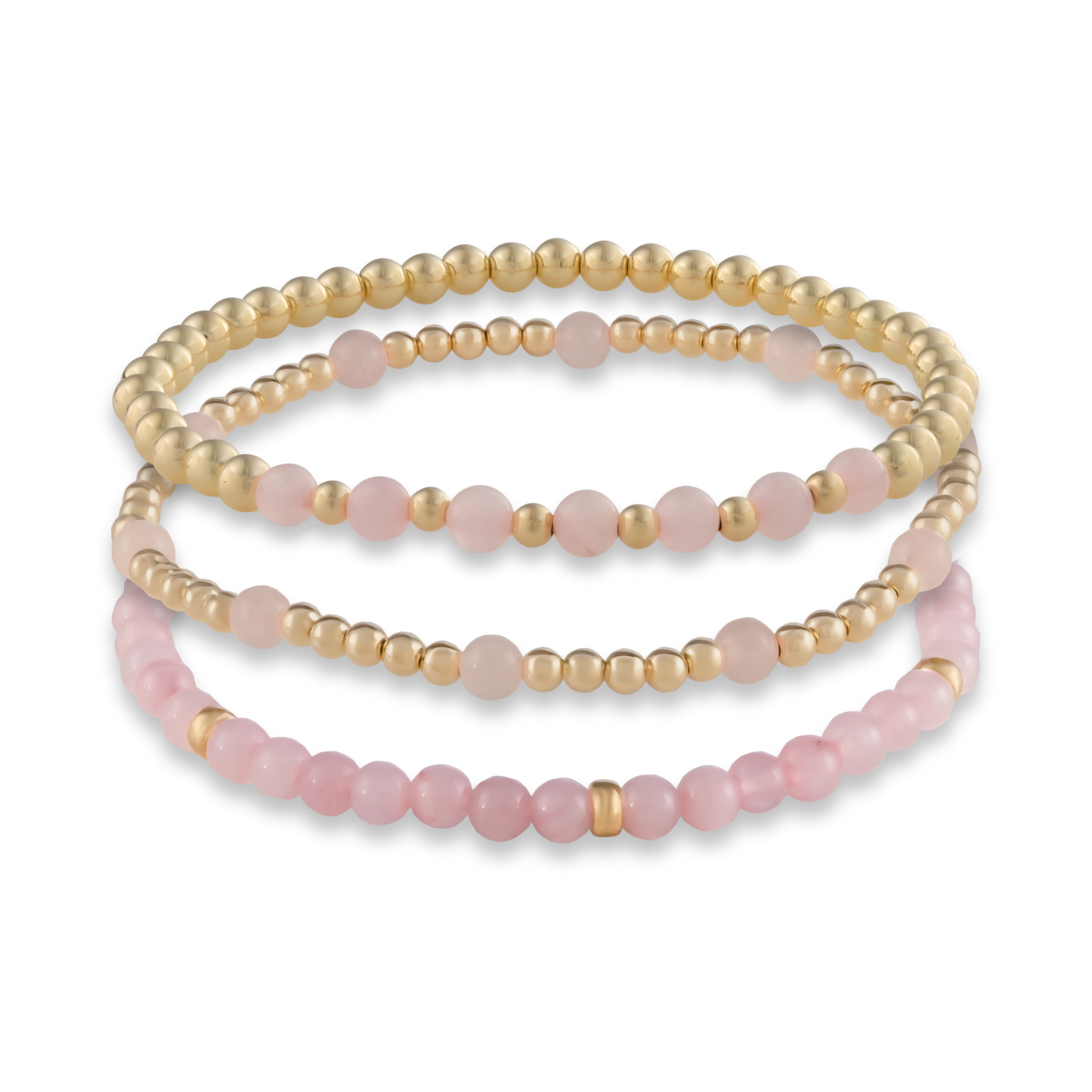 Digital rendering of the Pink Quartz Mini Stack featuring three handcrafted bracelets in rose quartz and gold-filled elements.