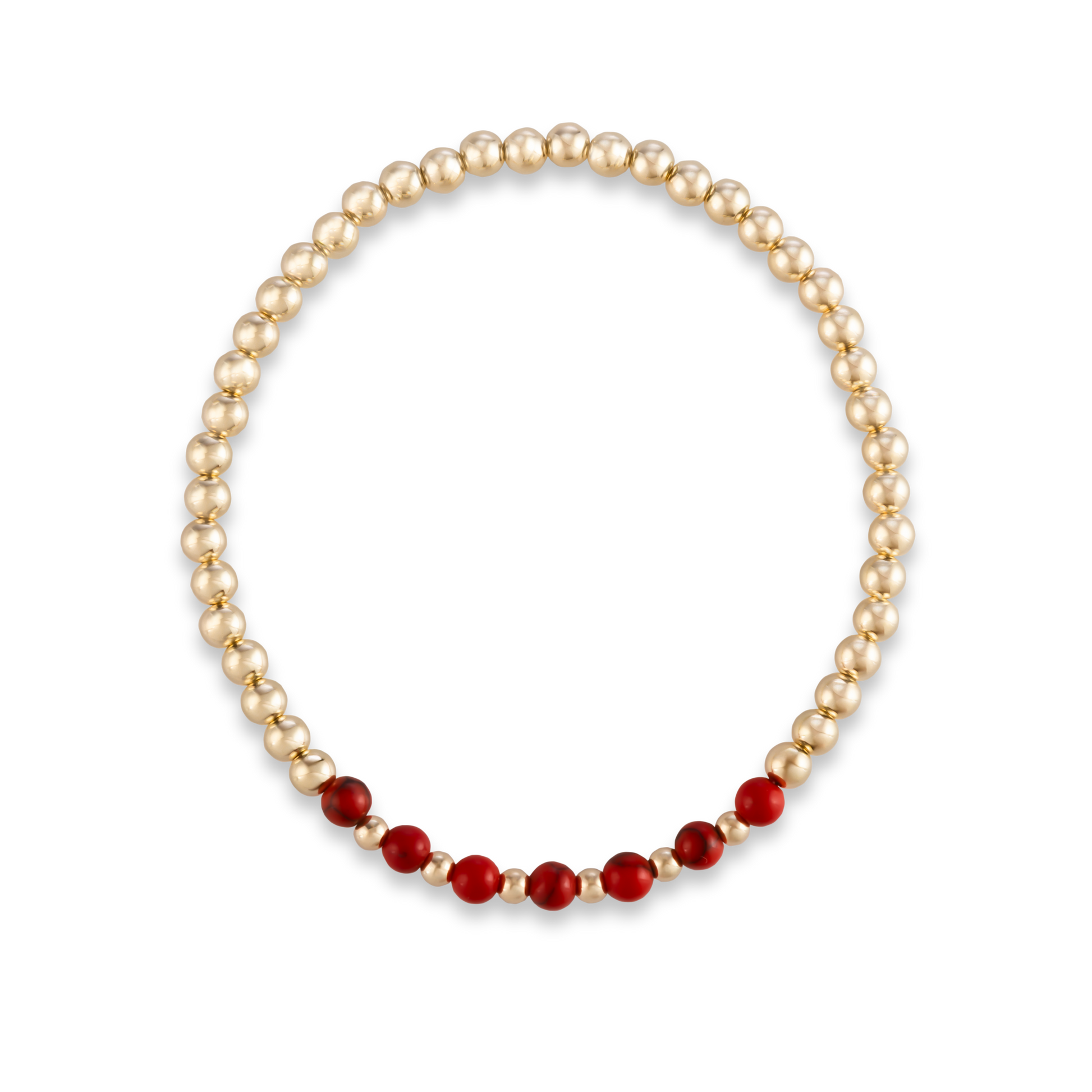 Overhead shot of the Red Agate Arc bracelet from GOLD CLUB by Shannon Hudson, featuring a centered red agate gemstone band on a curved gold-filled band.