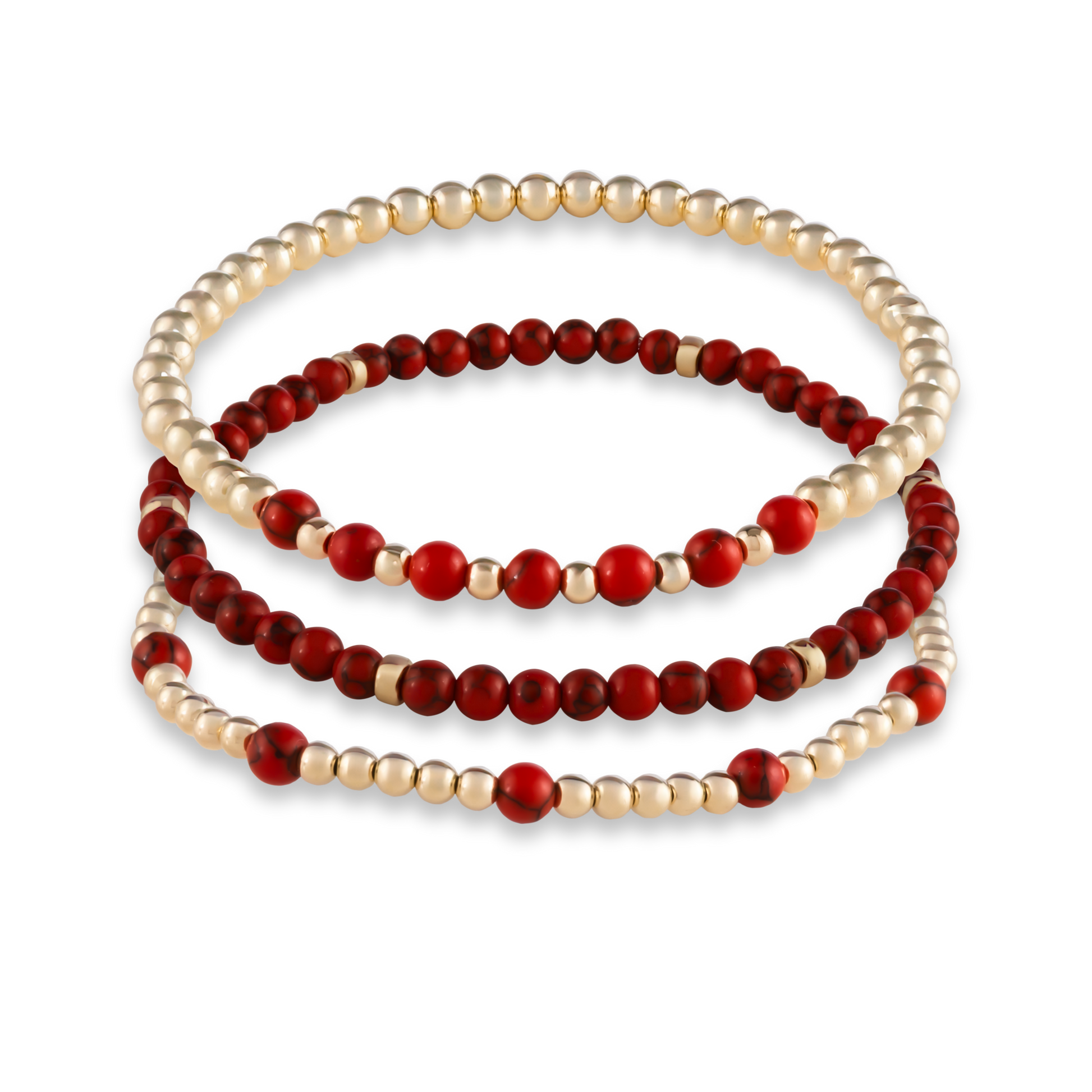 Three-piece Red Agate Mini Stack from GOLD CLUB featuring Arc, Muse, and Sun bracelets in matching red agate gemstones.