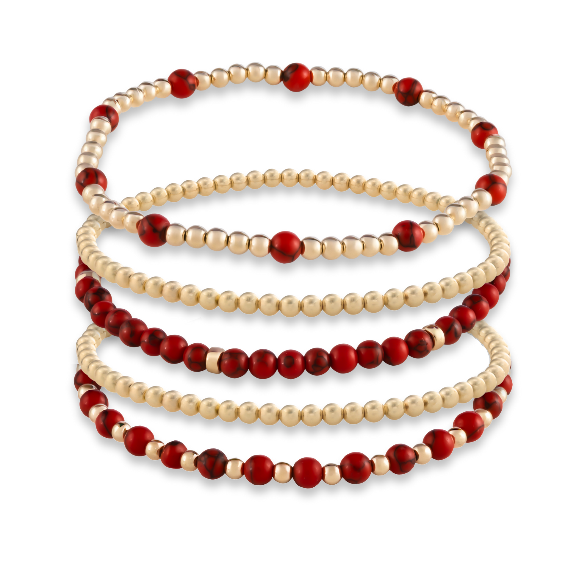 GOLD CLUB Signature Stack in Red Agate with five layered gold-filled bracelets, including gemstone styles and two classic gold accents.